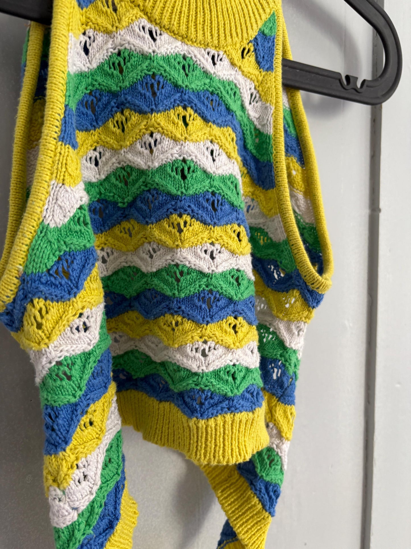 Vintage Vibrant yellow and green crochet woman camisole, Retro colourful knit crop top, Sleeveless colourful feminine festival wear