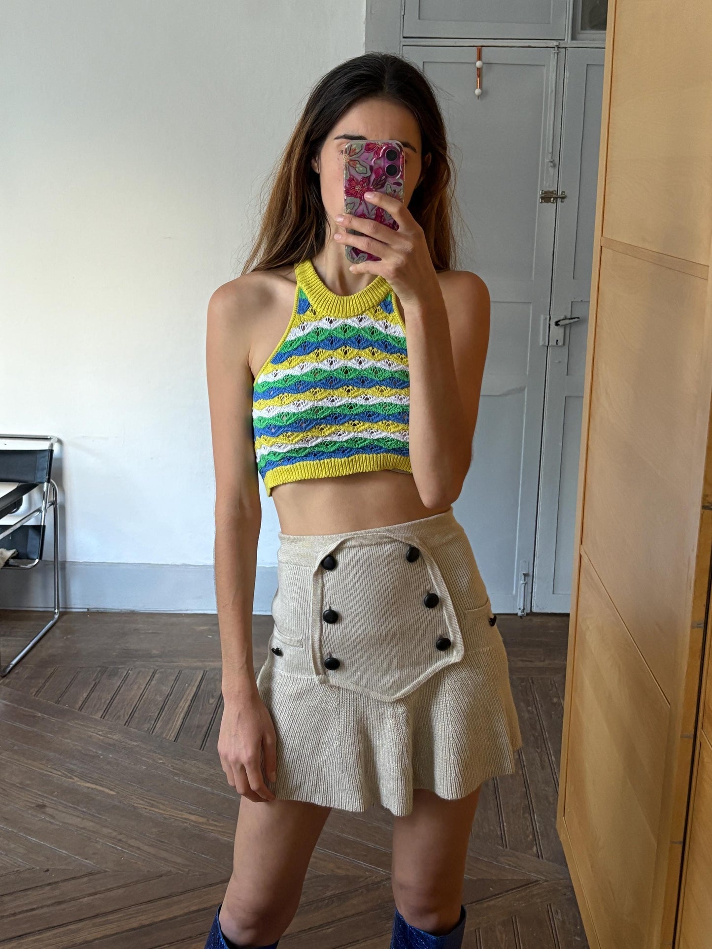 Vintage Vibrant yellow and green crochet woman camisole, Retro colourful knit crop top, Sleeveless colourful feminine festival wear