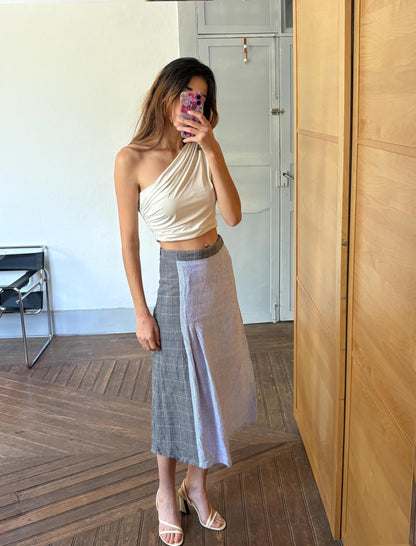 Vintage Blue Wool Linen Midi Skirt — fabric close-up