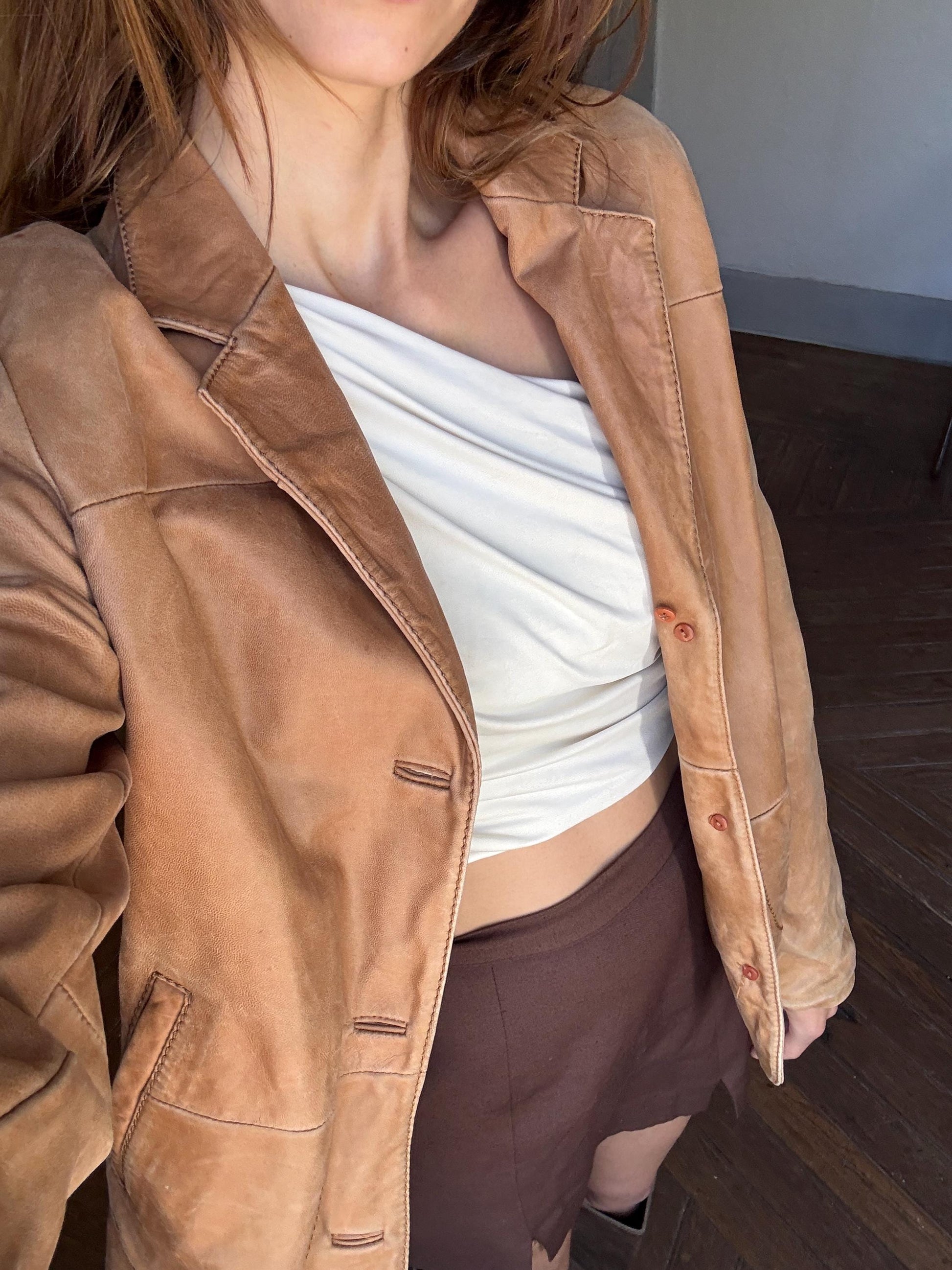 Vintage Piel de Caprino leather blazer, Tan light brown jacket, unisex casual oversized fit, classic retro 90s aesthetic,