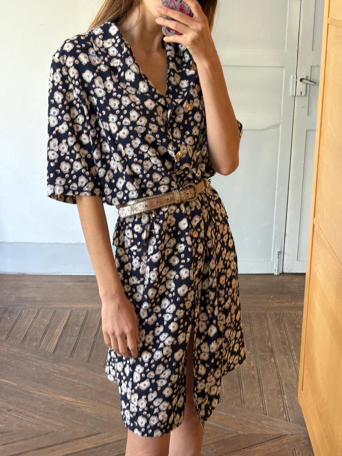 Vintage handmade floral blue dress, Flower print housewife dress, Retro 80s woman dress