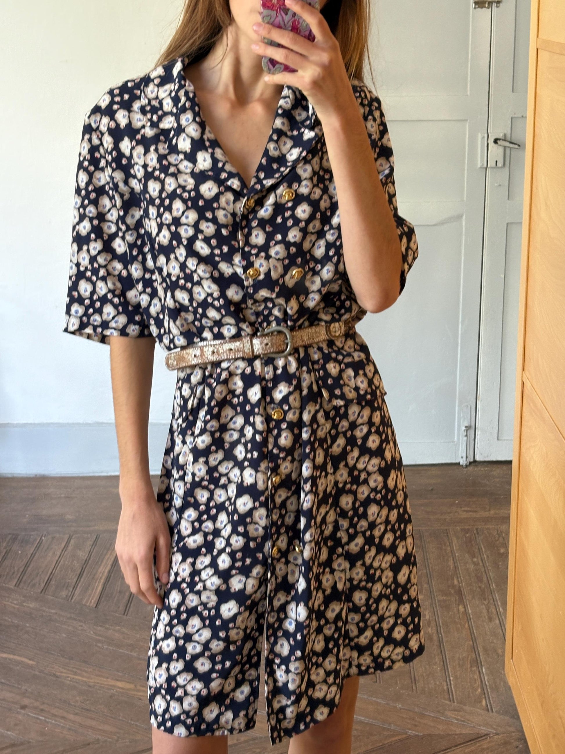 Vintage handmade floral blue dress, Flower print housewife dress, Retro 80s woman dress