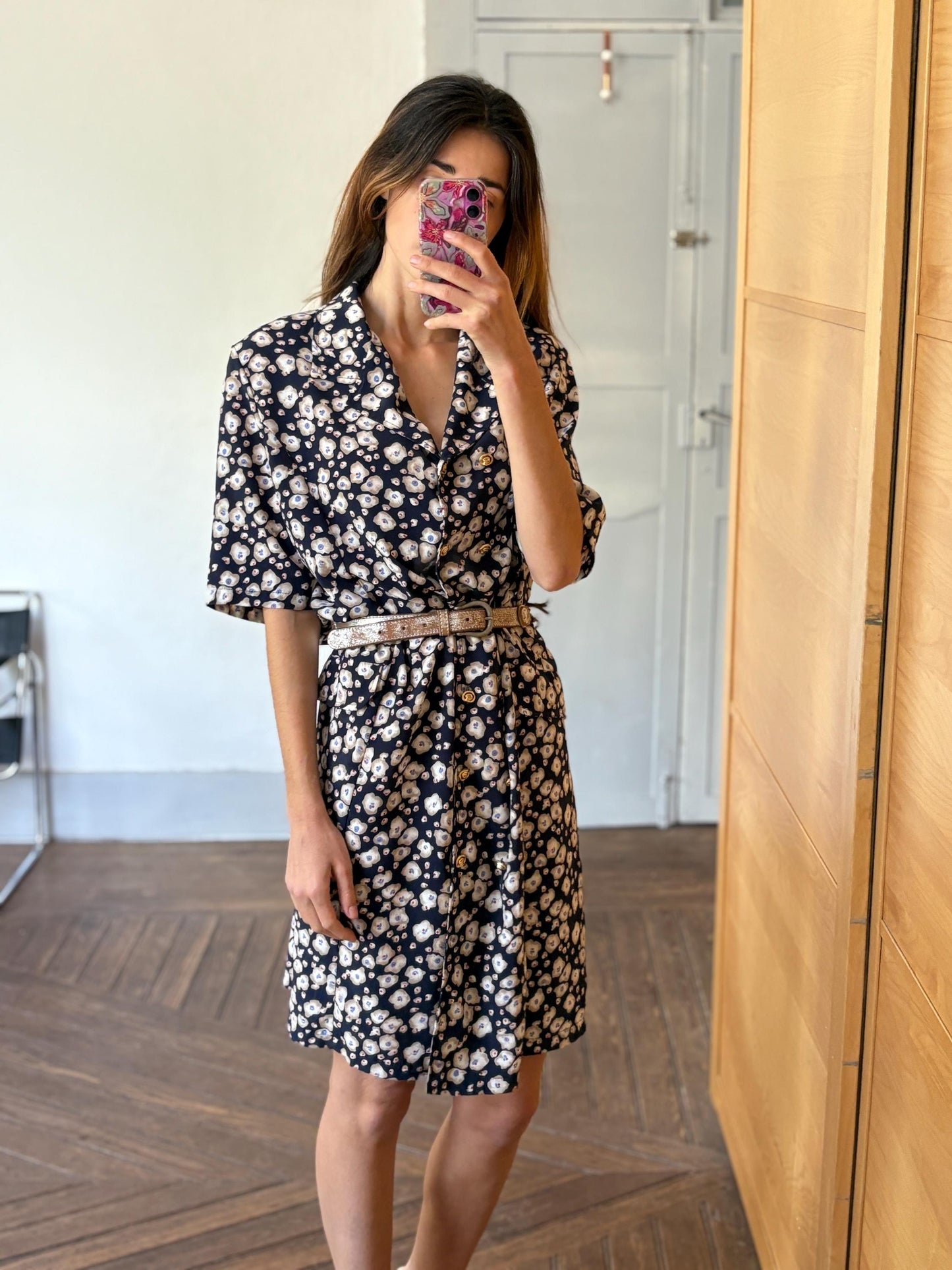 Vintage handmade floral blue dress, Flower print housewife dress, Retro 80s woman dress