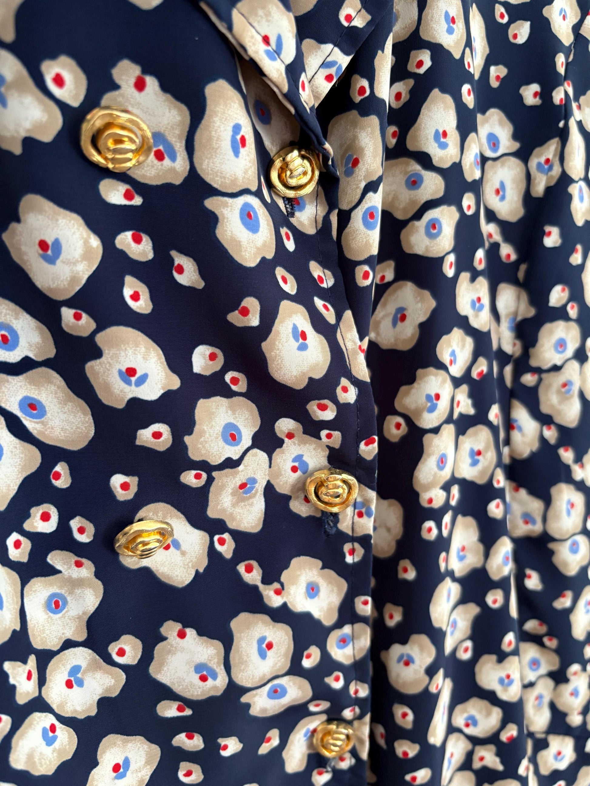 Vintage handmade floral blue dress, Flower print housewife dress, Retro 80s woman dress