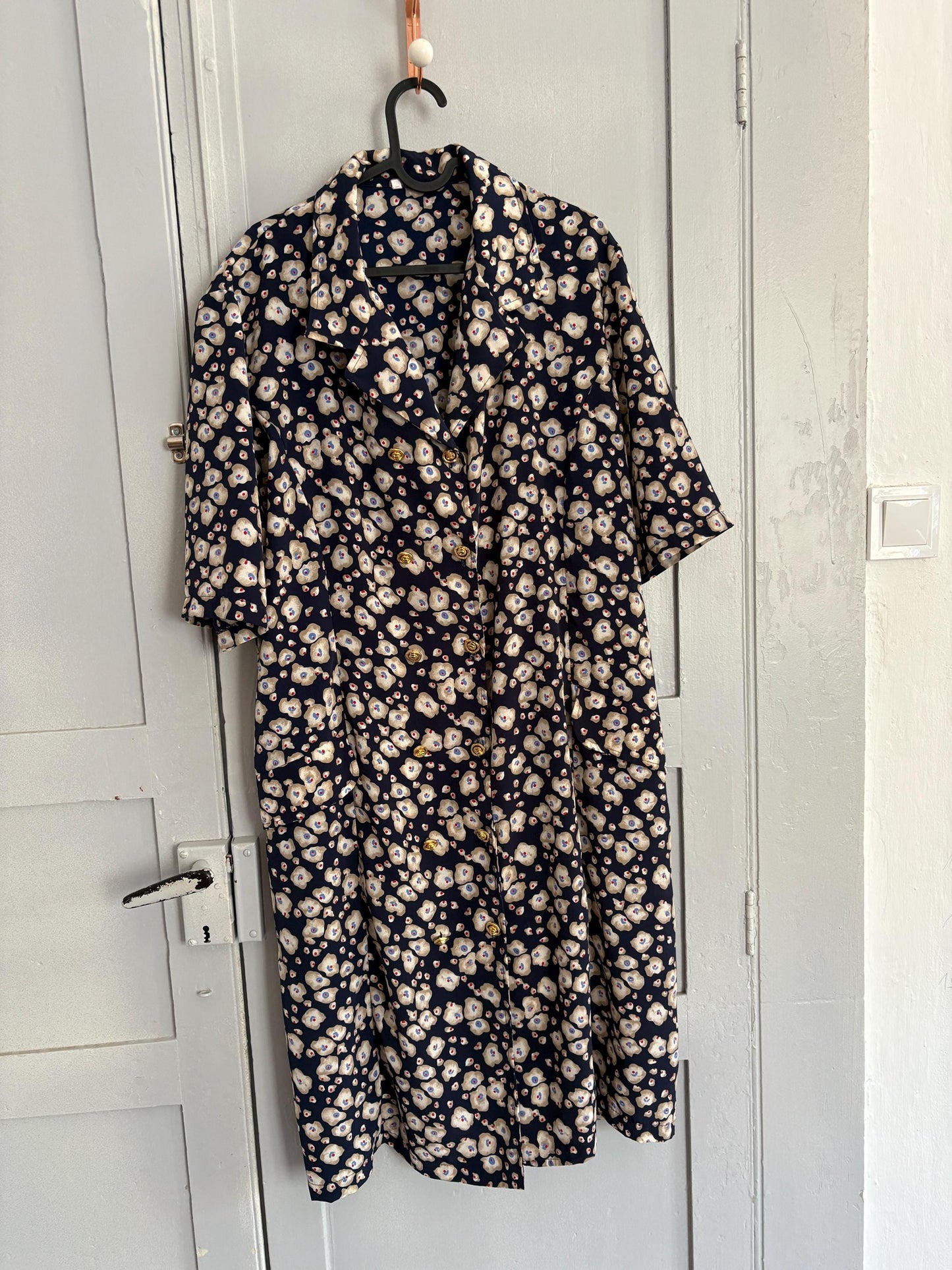 Vintage handmade floral blue dress, Flower print housewife dress, Retro 80s woman dress