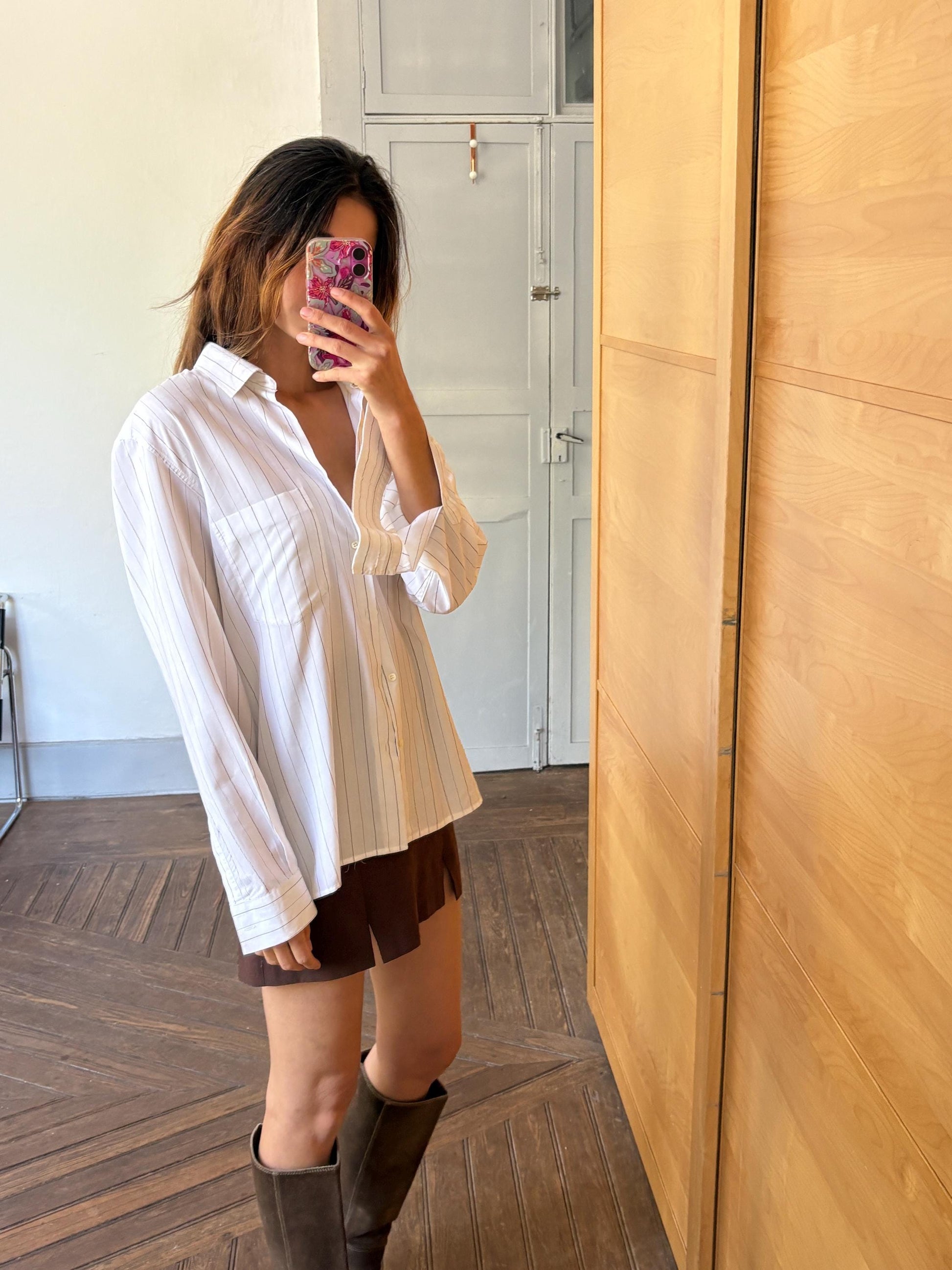 Vintage White & Grey Pinstriped Men's Button-Up Shirt – Sir Anthony Spain – Oversized Boyfriend Fit – Unisex Minimalist Aesthetic