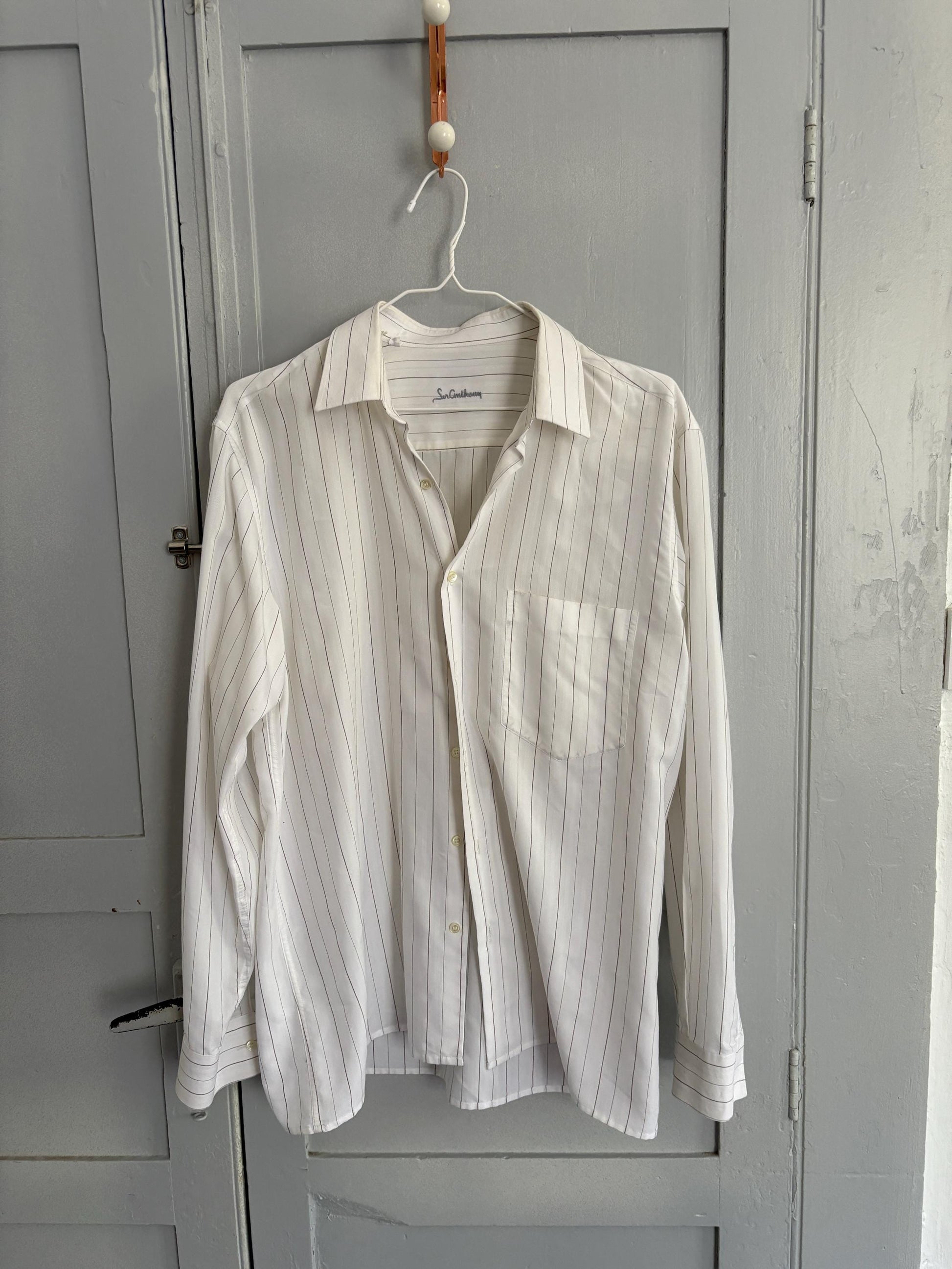 Vintage White & Grey Pinstriped Men's Button-Up Shirt – Sir Anthony Spain – Oversized Boyfriend Fit – Unisex Minimalist Aesthetic