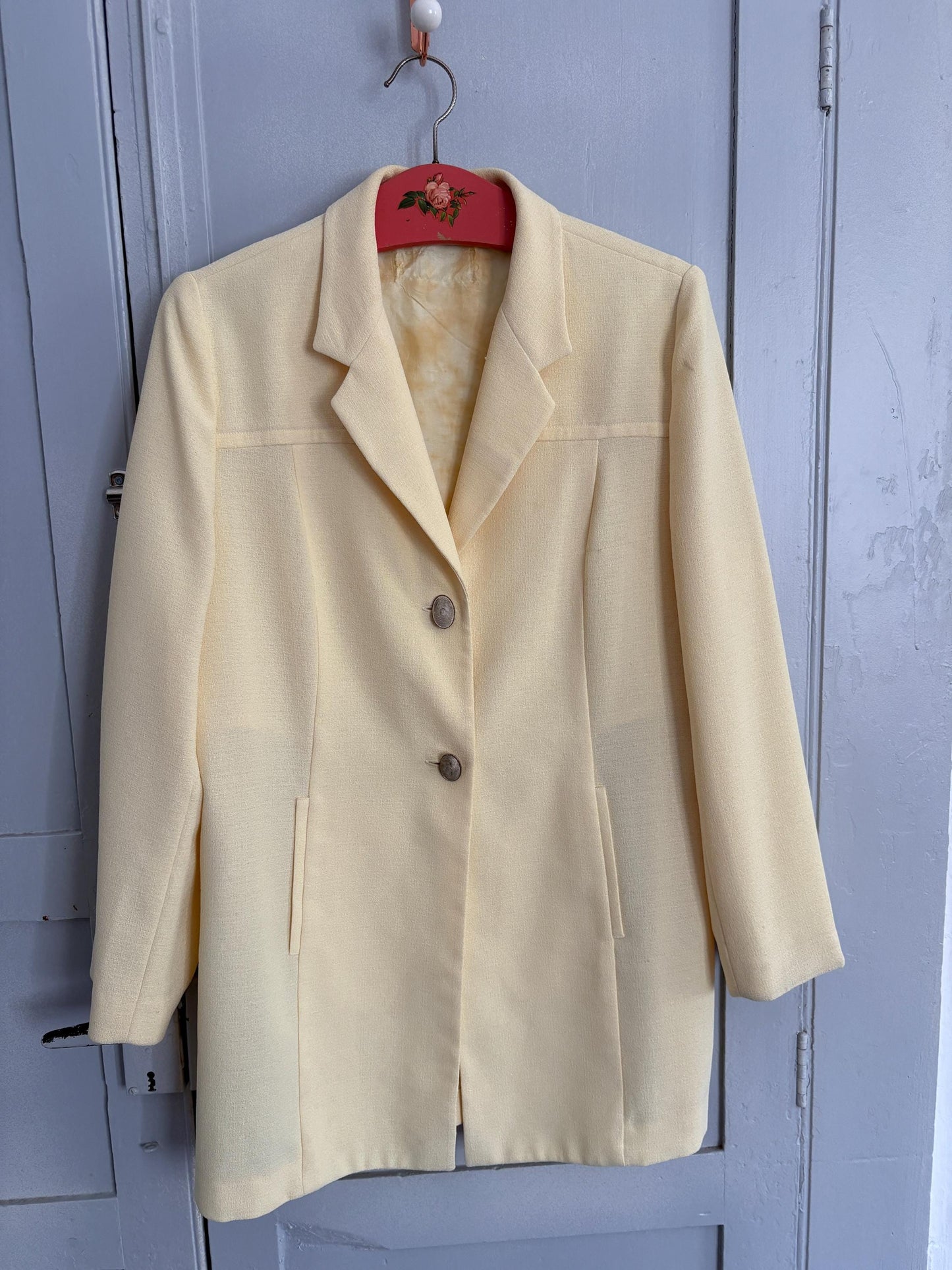 Vintage Light Pastel Yellow Blazer, Unique Button Detail, Longline Structured Jacket, 80s Power Suit Aesthetic, Size M-L