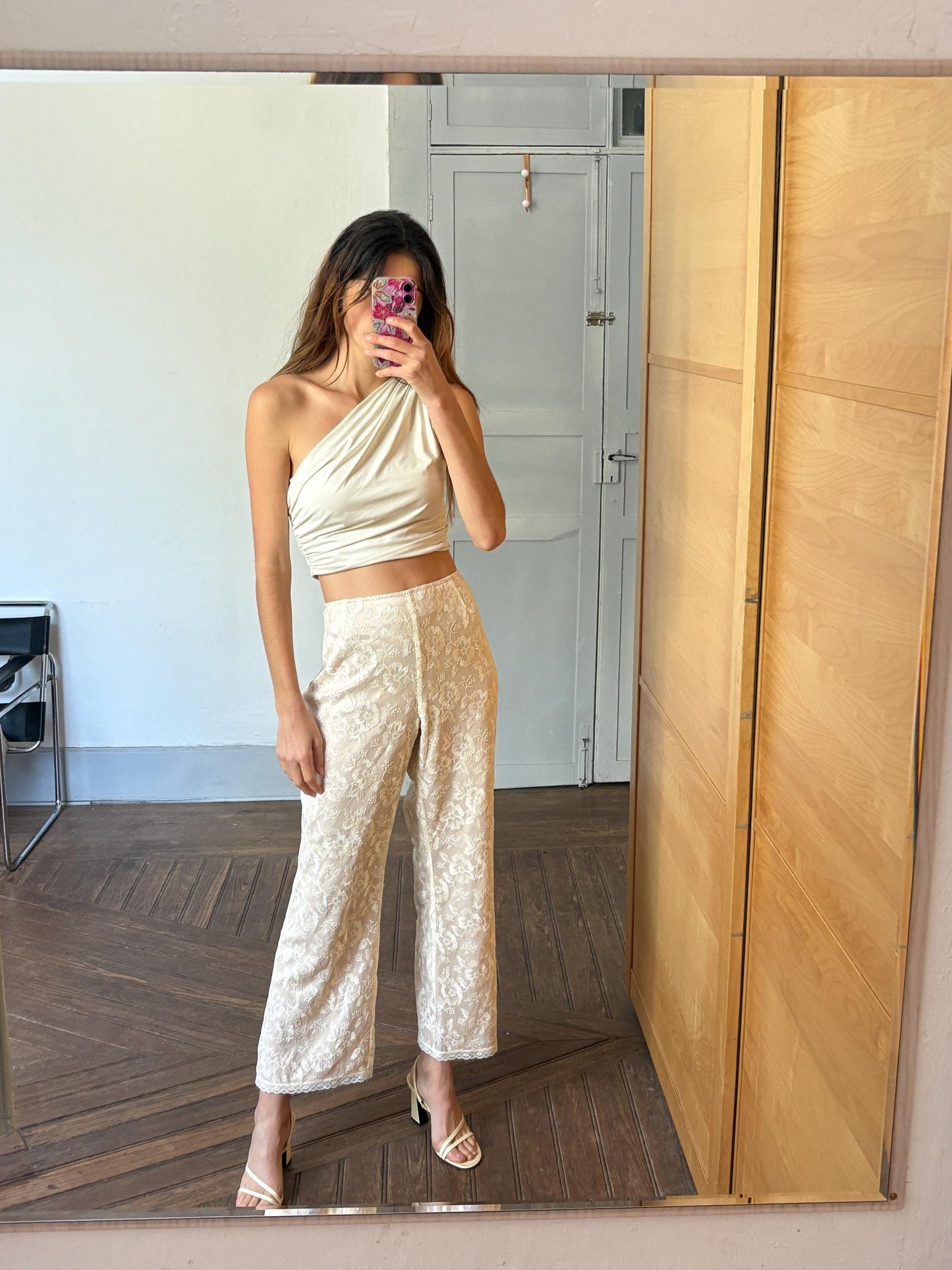 Romantic vintage floral lace pants | Ivory nude mesh trousers | Size EU 46 / 3X | Wedding guest look or dreamy elegant everyday fit