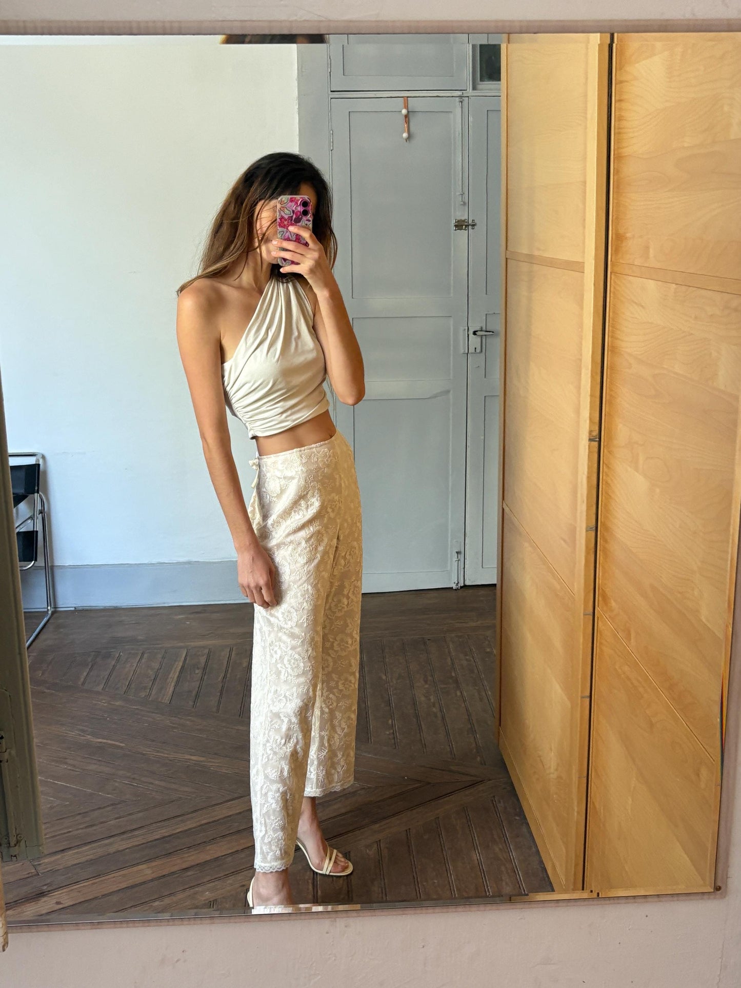 Romantic vintage floral lace pants | Ivory nude mesh trousers | Size EU 46 / 3X | Wedding guest look or dreamy elegant everyday fit