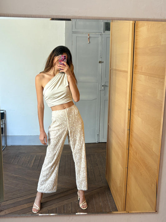 Vintage floral embroidered off white cropped wedding guest pants, Size EU 46 - 3X