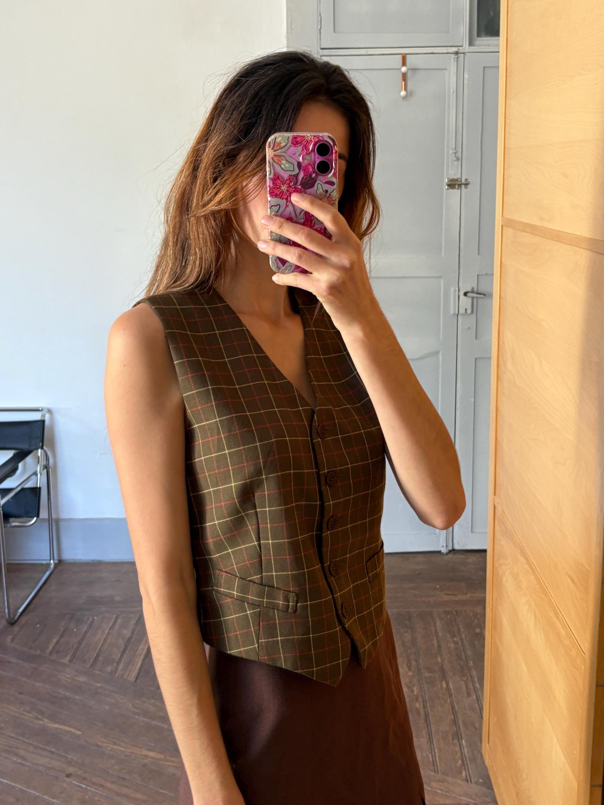 Green waistcoat with checkered print, dark academia & countryside chic vest, Sleeveless girl boss outfit, Size XS - S