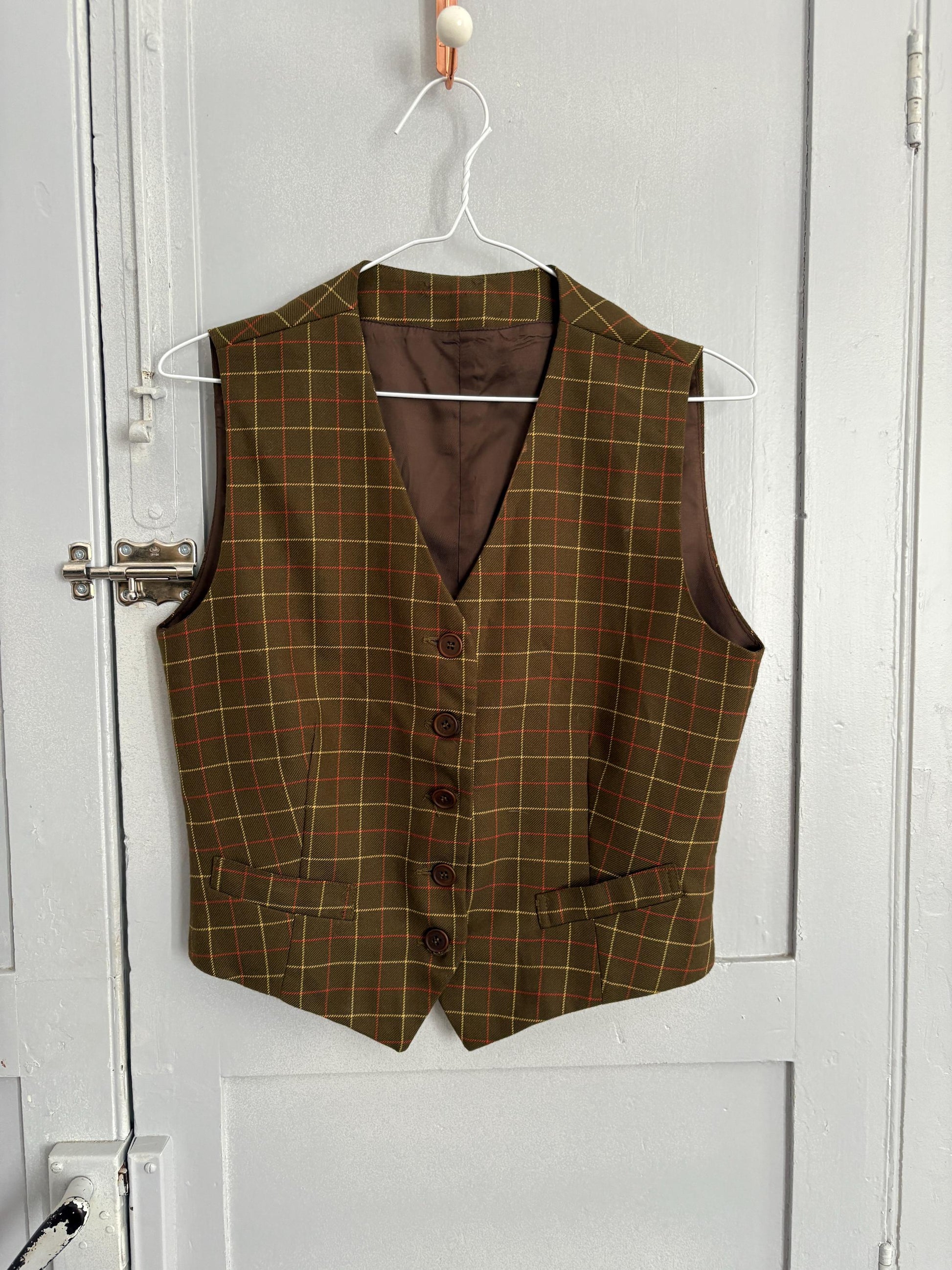 Green waistcoat with checkered print, dark academia & countryside chic vest, Sleeveless girl boss outfit, Size XS - S
