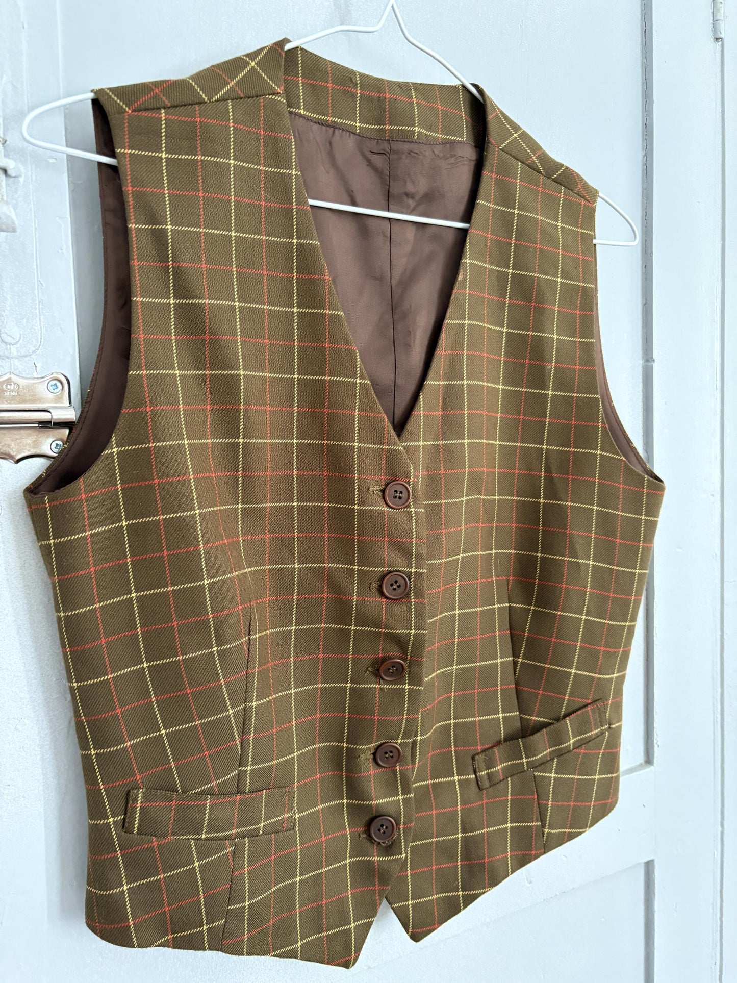 Green waistcoat with checkered print, dark academia & countryside chic vest, Sleeveless girl boss outfit, Size XS - S