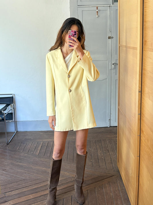 Vintage Light Pastel Yellow Blazer, Unique Button Detail, Longline Structured Jacket, 80s Power Suit Aesthetic, Size M-L