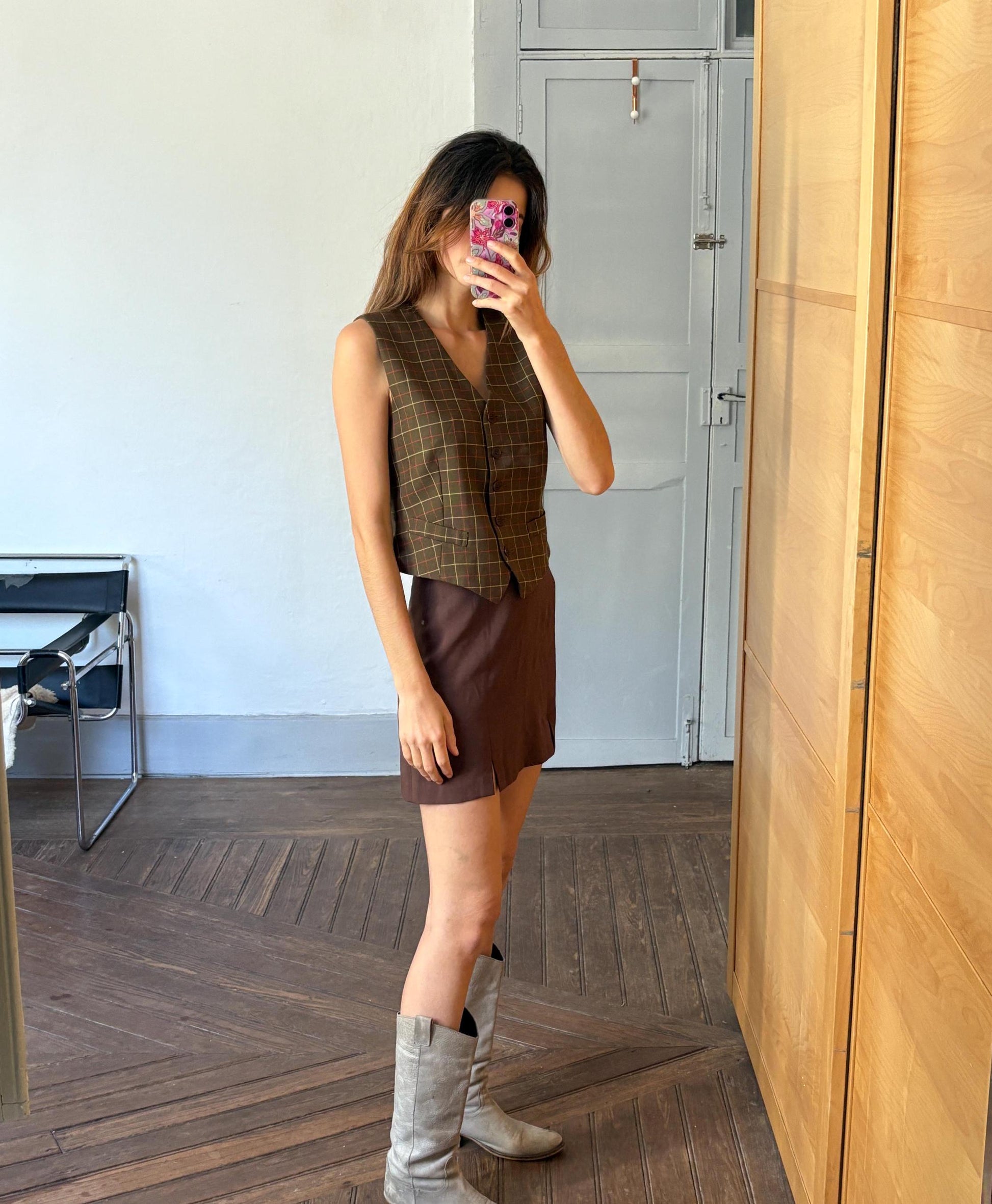 Green waistcoat with checkered print, dark academia & countryside chic vest, Sleeveless girl boss outfit, Size XS - S