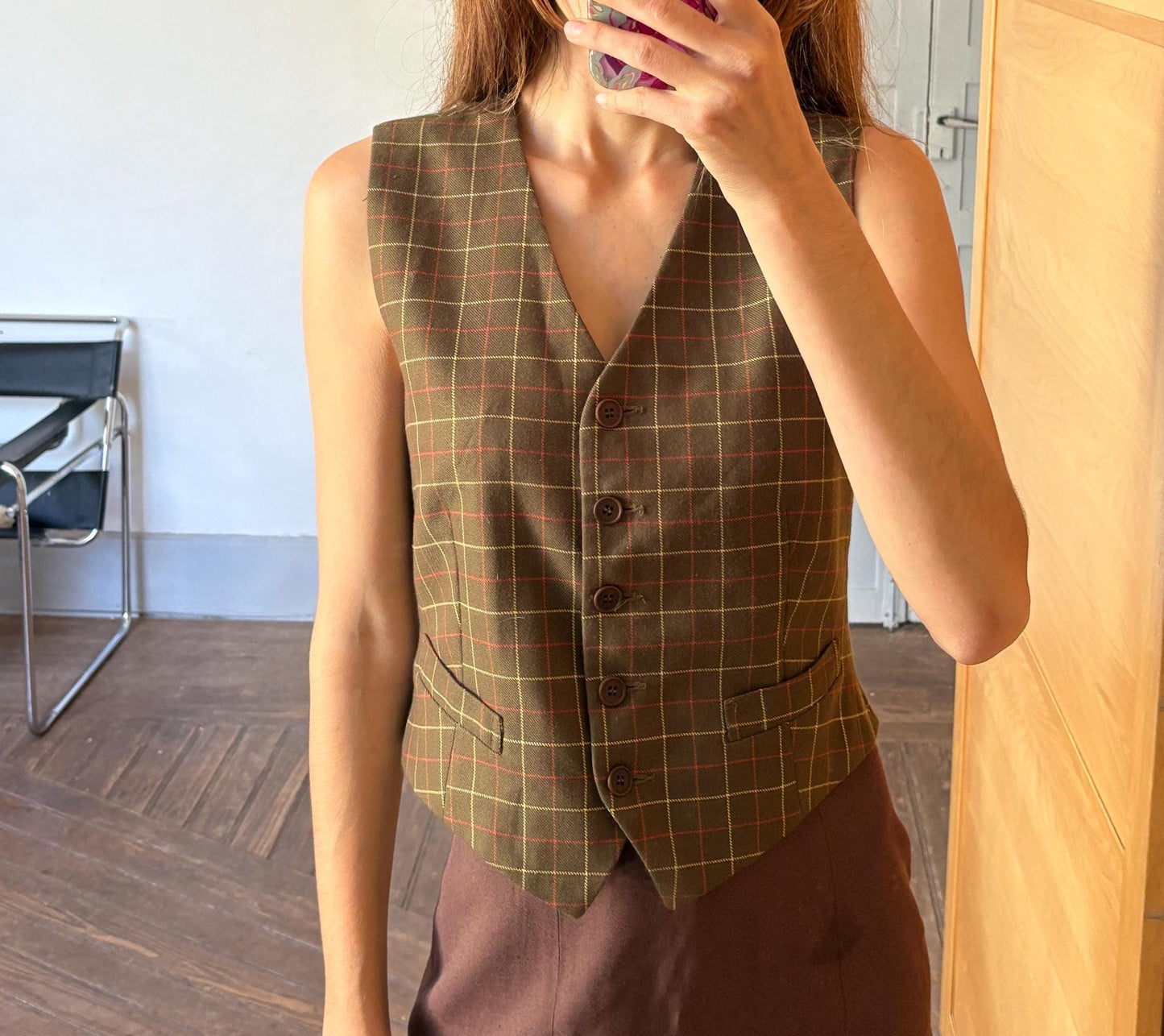 Green waistcoat with checkered print, dark academia & countryside chic vest, Sleeveless girl boss outfit, Size XS - S