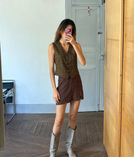 Green waistcoat with checkered print, dark academia & countryside chic vest, Sleeveless girl boss outfit, Size XS - S