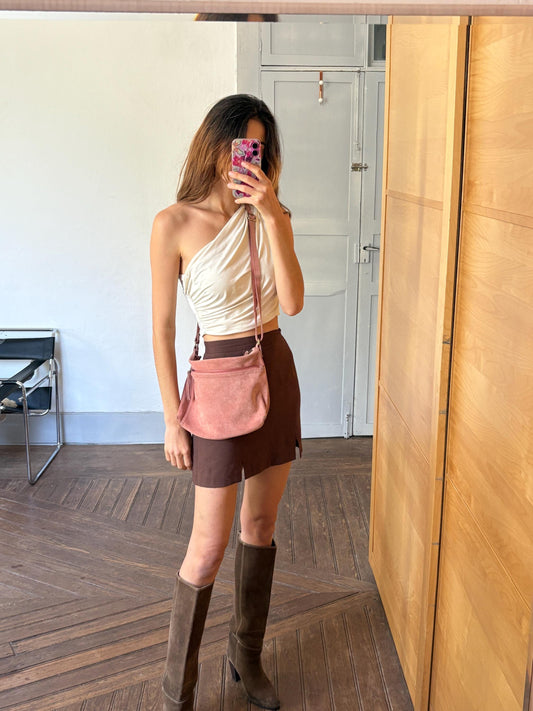 Vintage pink suede leather crossbody bag, retro shoulder purse, soft slouchy handbag, boho everyday bag, 90s Y2K aesthetic fashion accessory