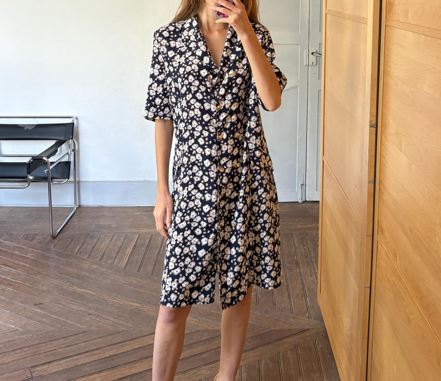 Vintage handmade floral blue dress, Flower print housewife dress, Retro 80s woman dress