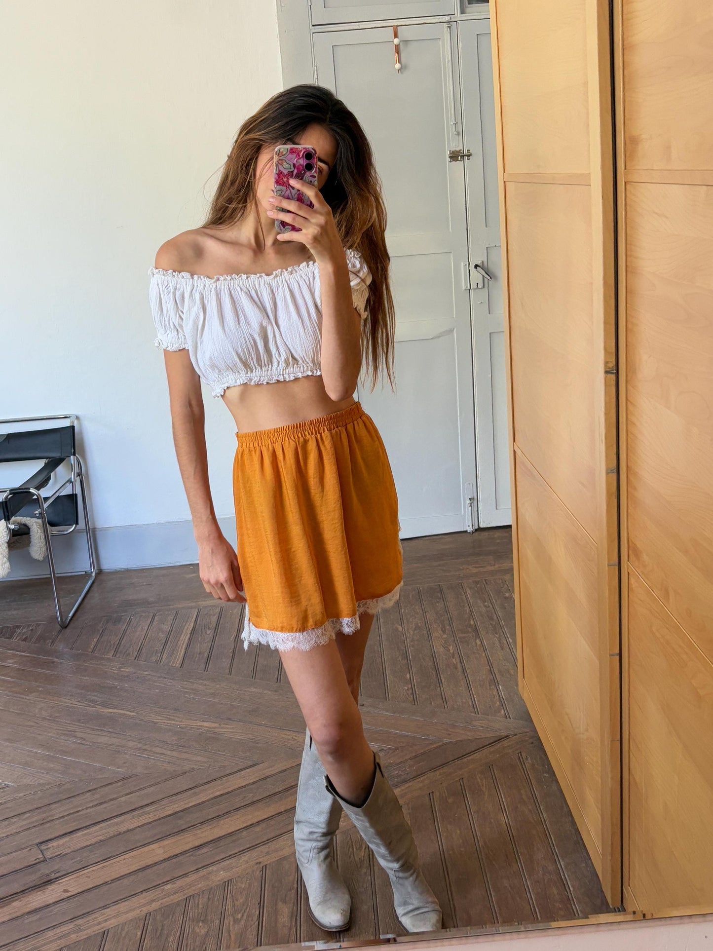 Sexy short orange and white lace mini Skirt, Lightweight summer skirt with elastic waistline