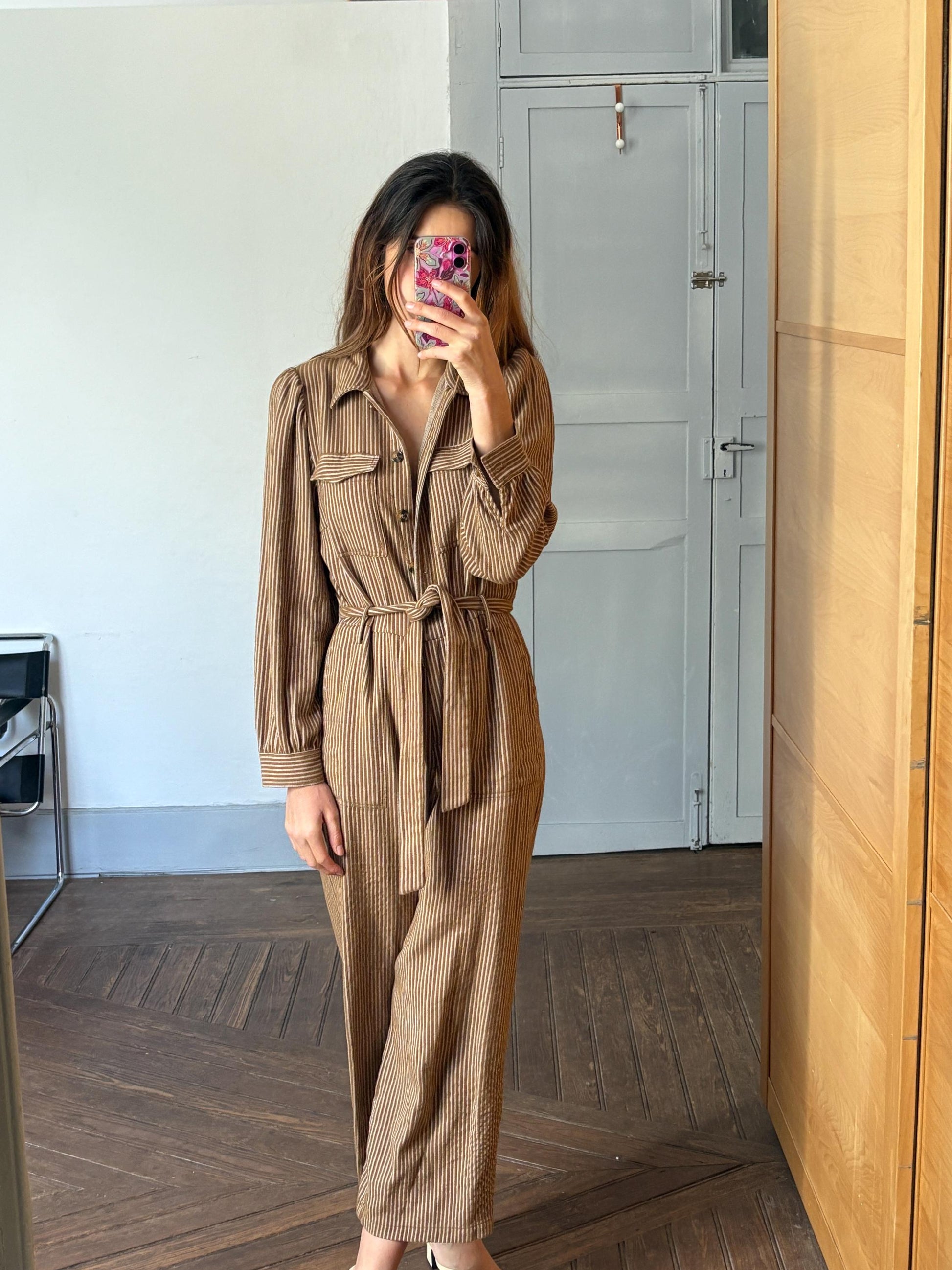 Vintage brown and white striped jumpsuit, Retro long pants work wear, Feminine strap waistline playsuit, Natural earthy woman wear