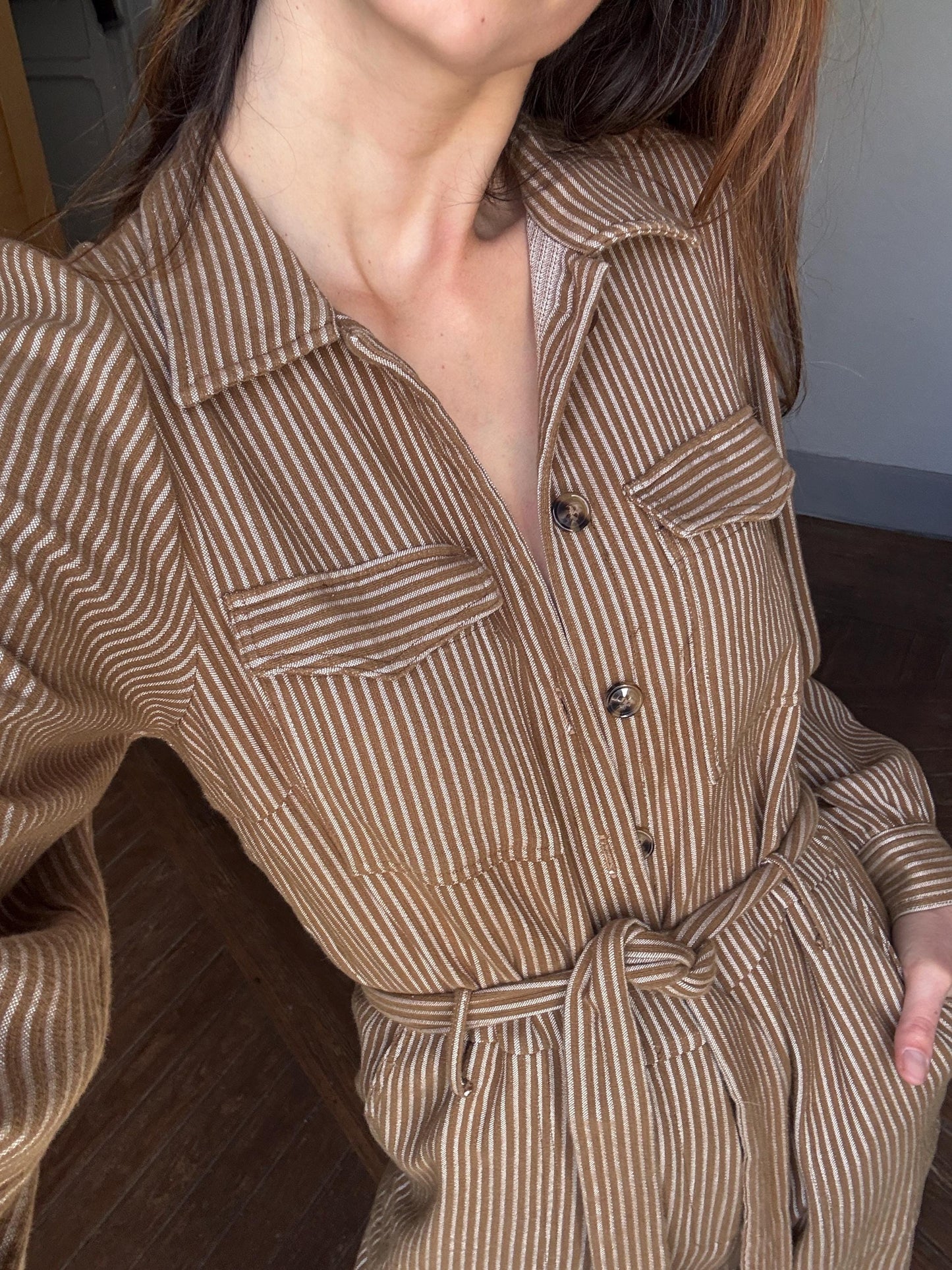 Vintage brown and white striped jumpsuit, Retro long pants work wear, Feminine strap waistline playsuit, Natural earthy woman wear