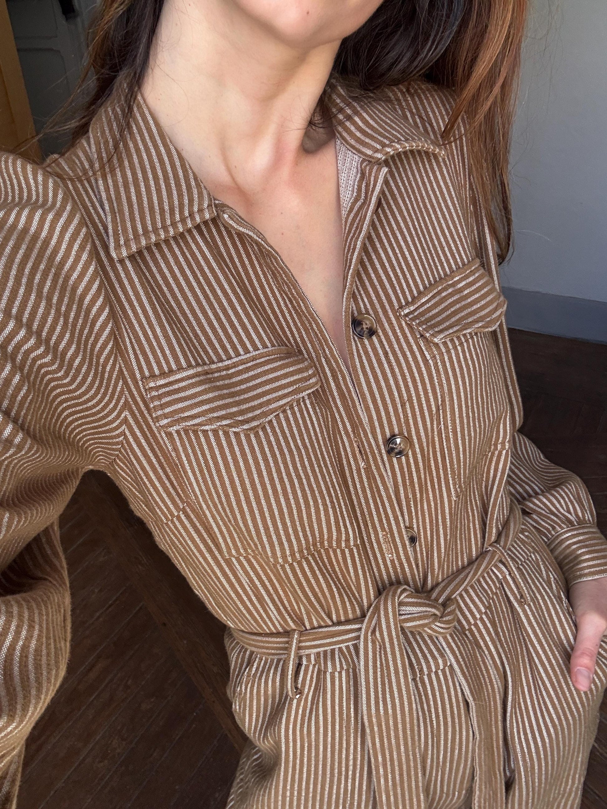 Vintage brown and white striped jumpsuit, Retro long pants work wear, Feminine strap waistline playsuit, Natural earthy woman wear