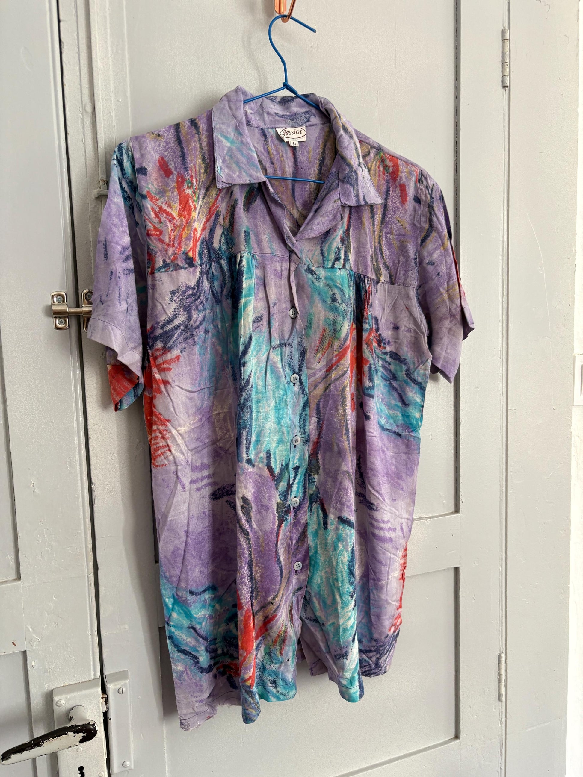 Vintage abstract print button-down, 90s oversized short-sleeve shirt, bold artistic festival top, retro unisex summer shirt, statement Y2K