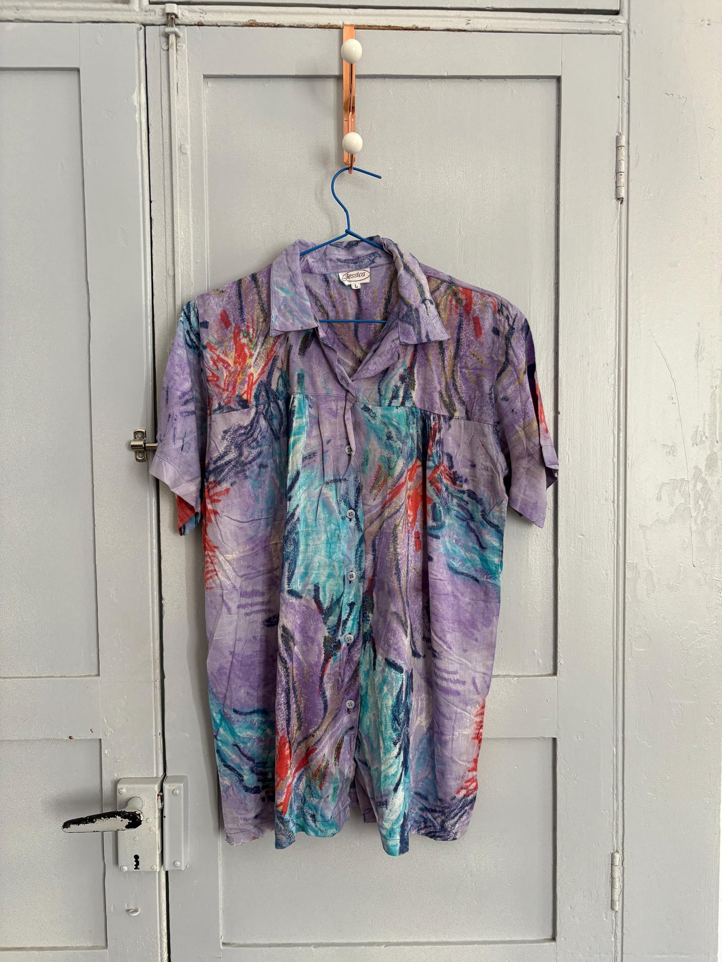 Vintage abstract print button-down, 90s oversized short-sleeve shirt, bold artistic festival top, retro unisex summer shirt, statement Y2K