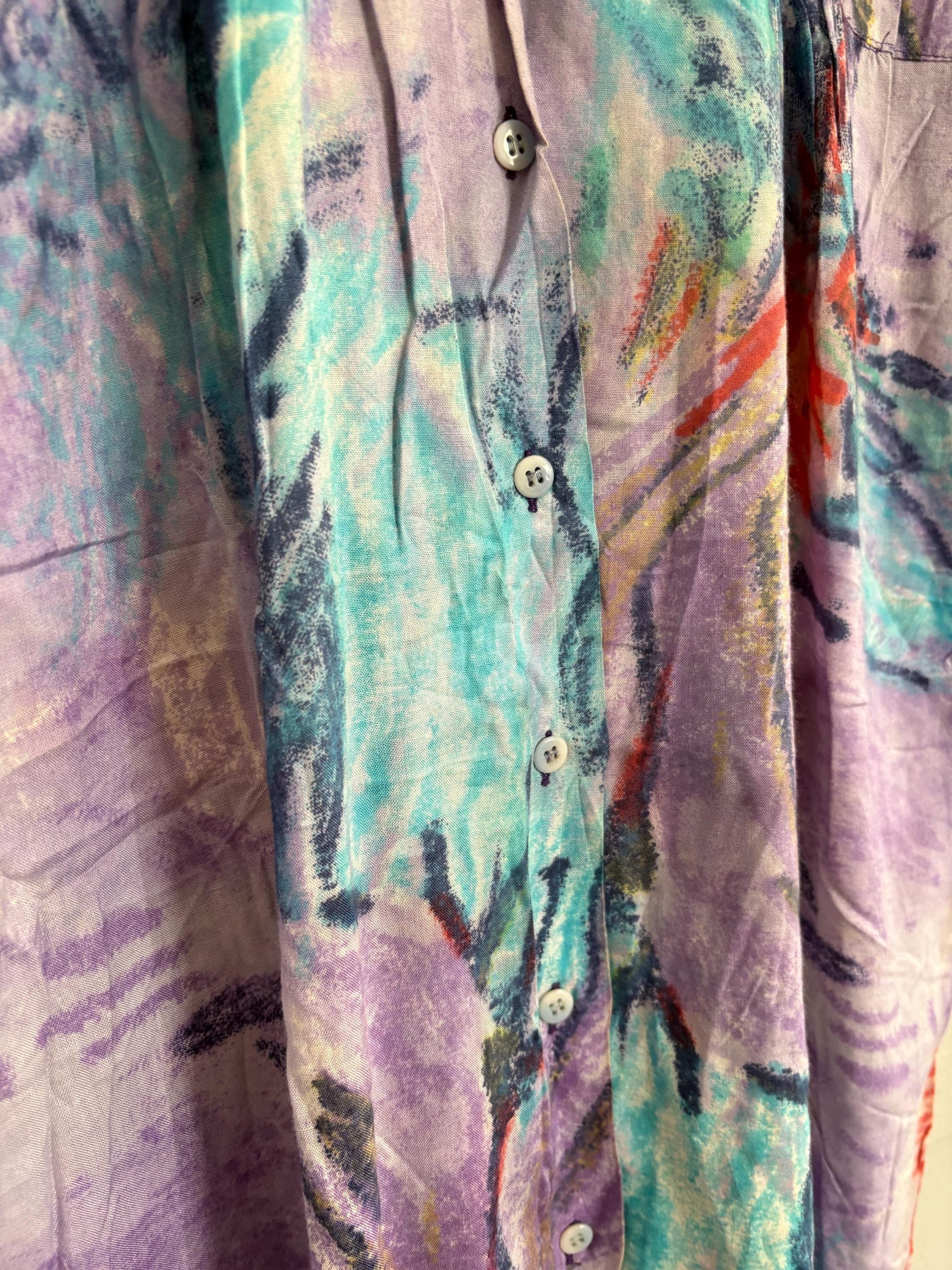 Vintage abstract print button-down, 90s oversized short-sleeve shirt, bold artistic festival top, retro unisex summer shirt, statement Y2K