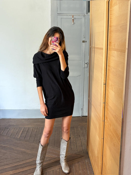 Vintage Lee minimalist dress, Elegant black comfortable mini dress, Luxury fit half sleeve short dres, Mock neck Little black dress, Size L