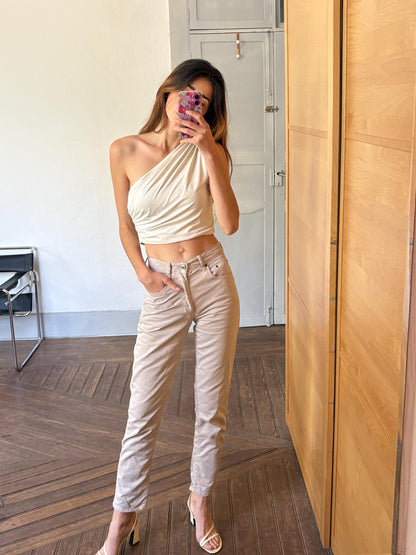 High-Waisted Beige Straight-Leg Trousers — additional view 7
