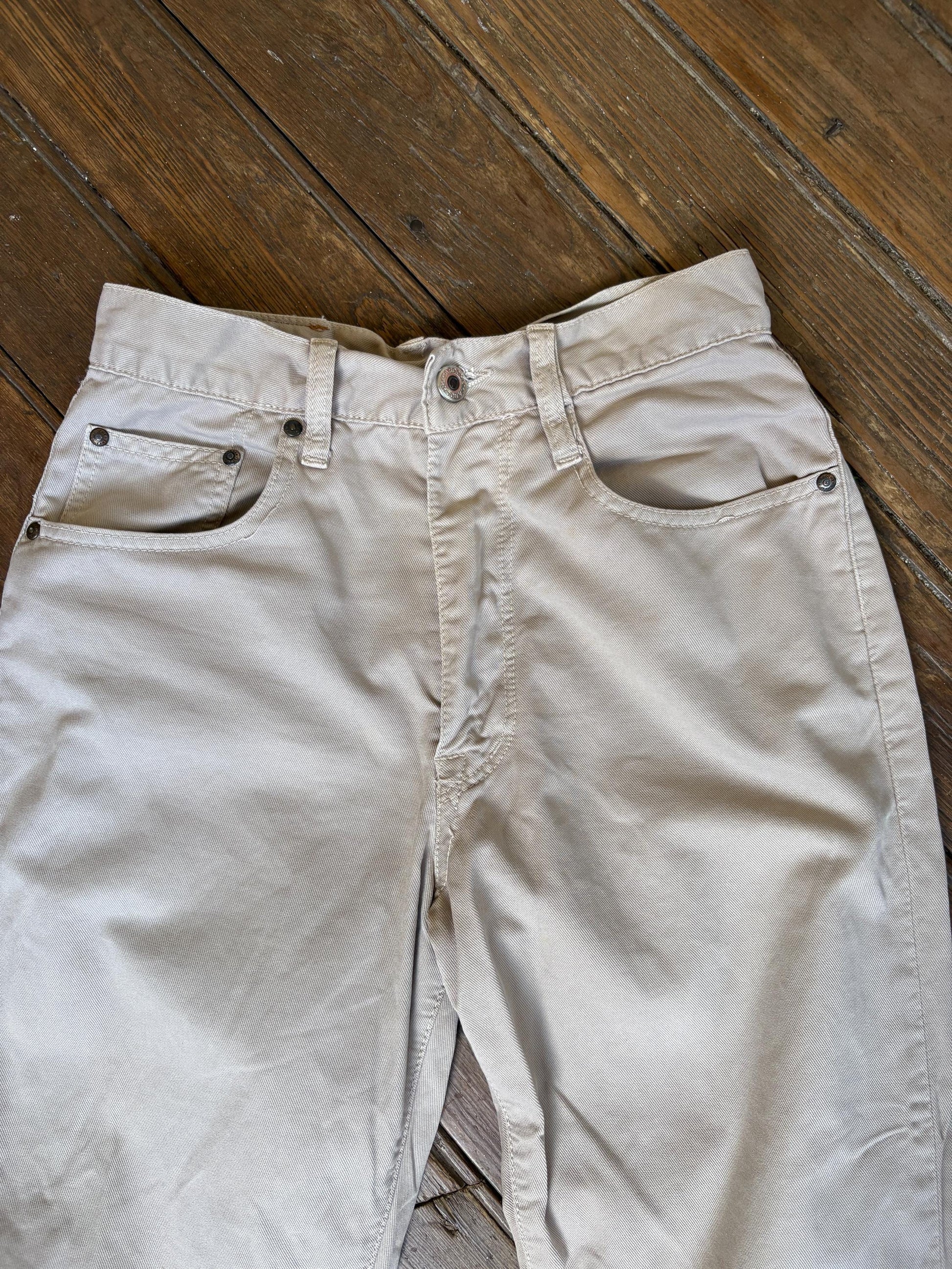 Vintage Caroche beige trousers, high-waisted straight-leg pants, neutral-tone casual jeans, classic retro fashion, timeless minimalist style