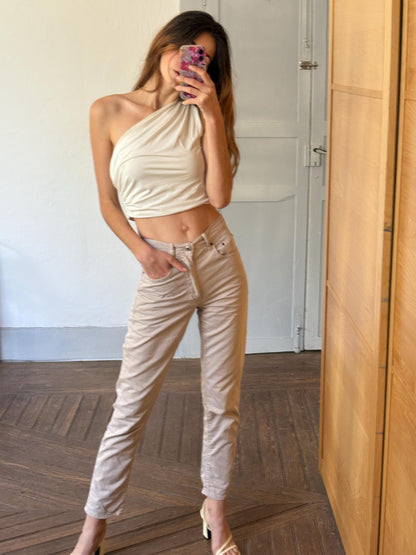 High-Waisted Beige Straight-Leg Trousers — back view