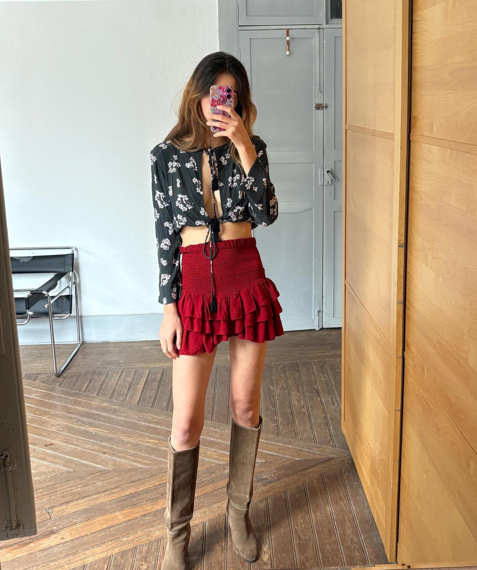 Vintage floral tie-front blouse, boho cropped top, romantic dark academia aesthetic, feminine retro long-sleeve shirt, festival fairycore