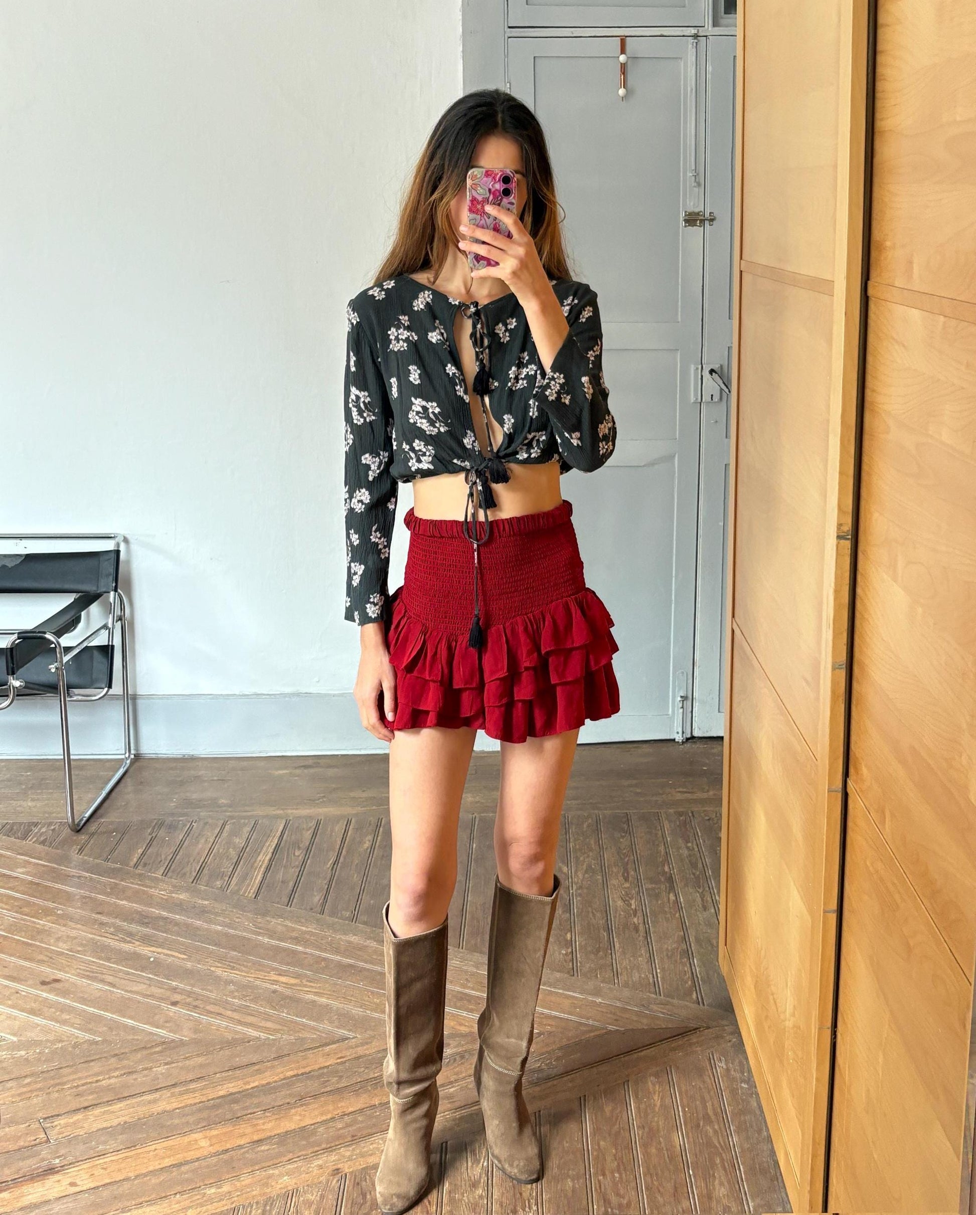 Vintage floral tie-front blouse, boho cropped top, romantic dark academia aesthetic, feminine retro long-sleeve shirt, festival fairycore