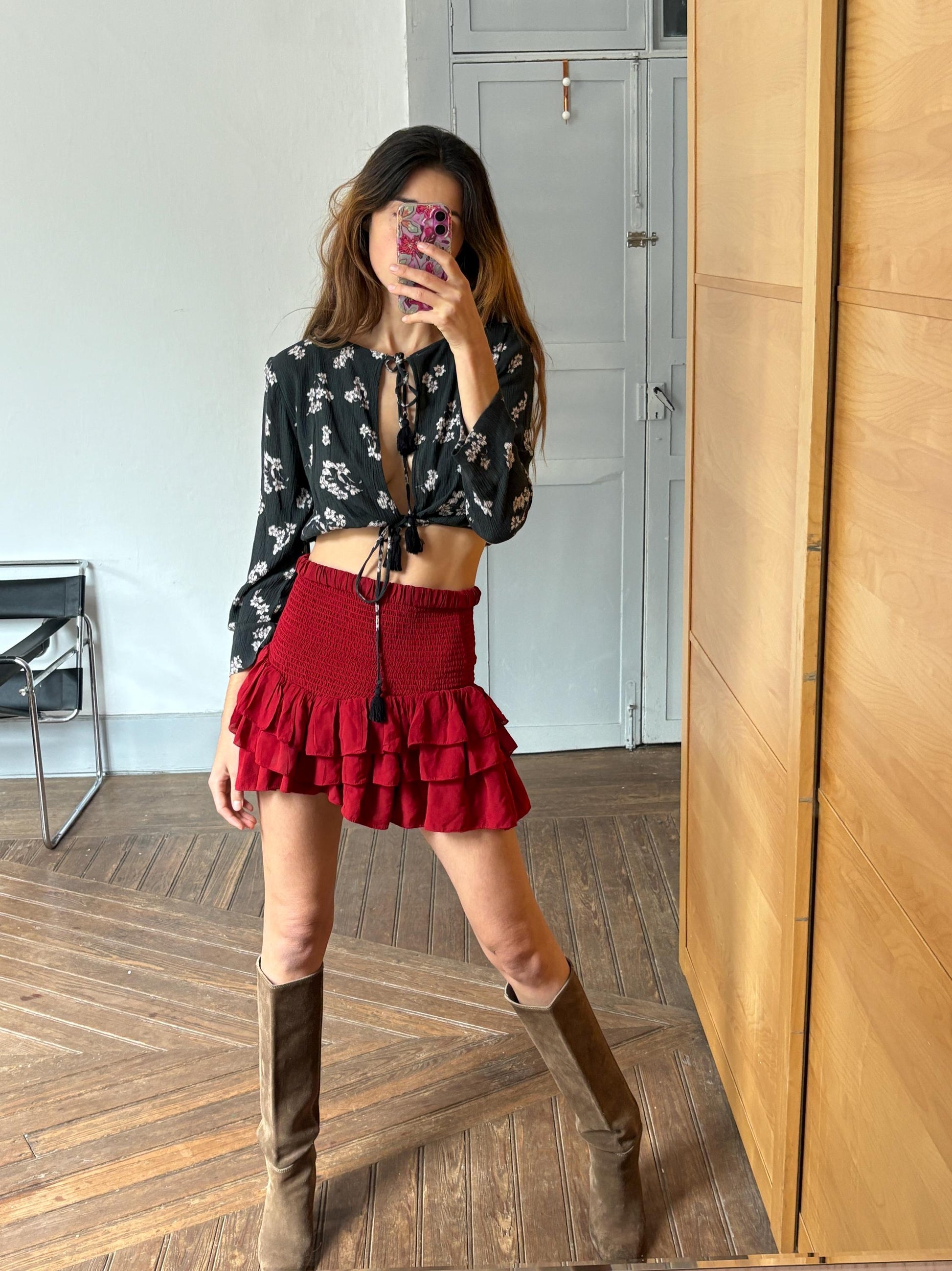 Vintage floral tie-front blouse, boho cropped top, romantic dark academia aesthetic, feminine retro long-sleeve shirt, festival fairycore