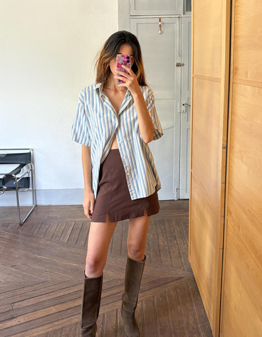 Vintage striped button-down, oversized unisex summer shirt, Forestal Sportswear, breathable cotton, retro classic menswear, shirt dress