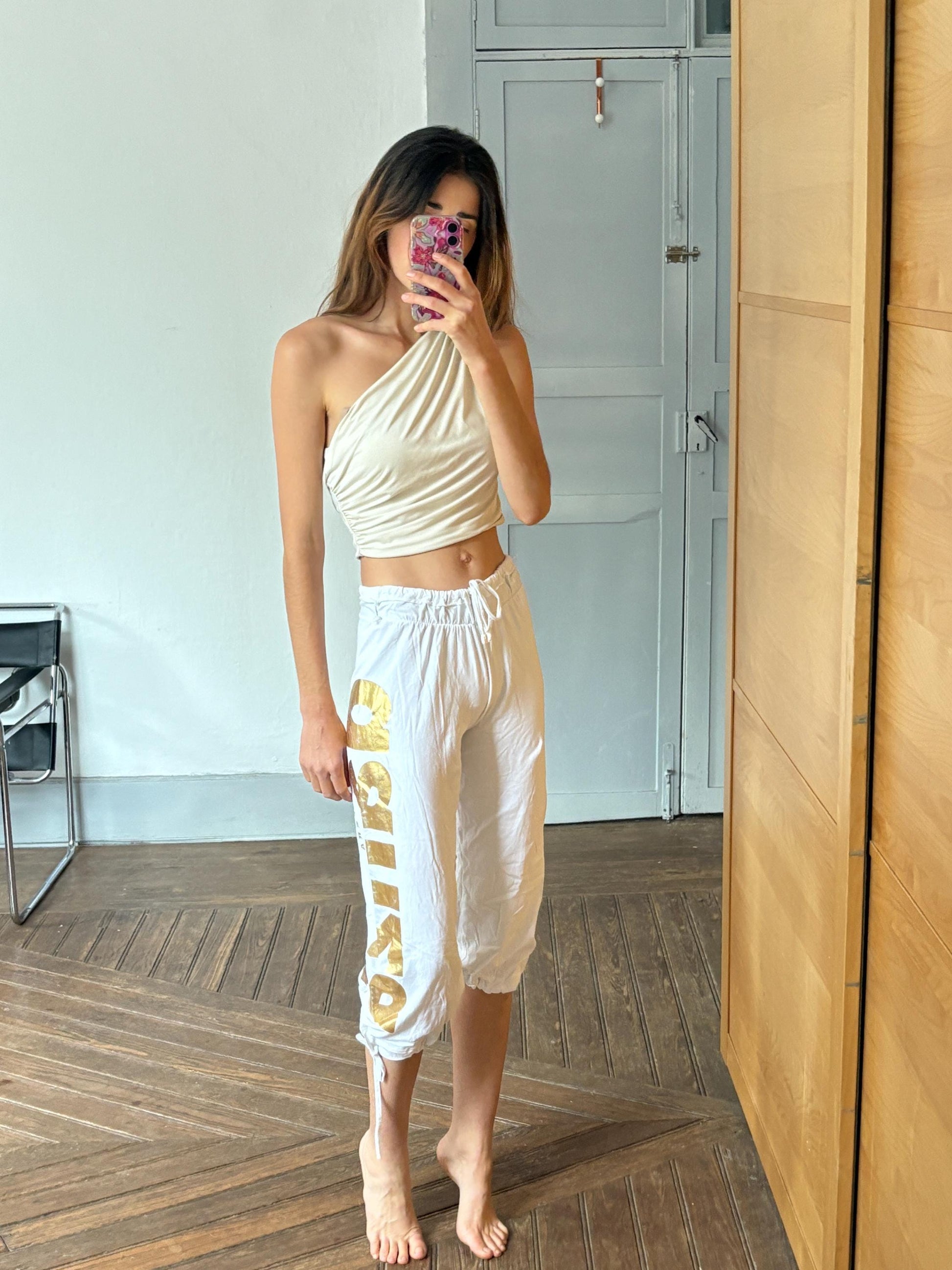 Vintage Atmosfera Danza White & Gold Dance Pants – Italian Chic Meets Sporty Glam, S