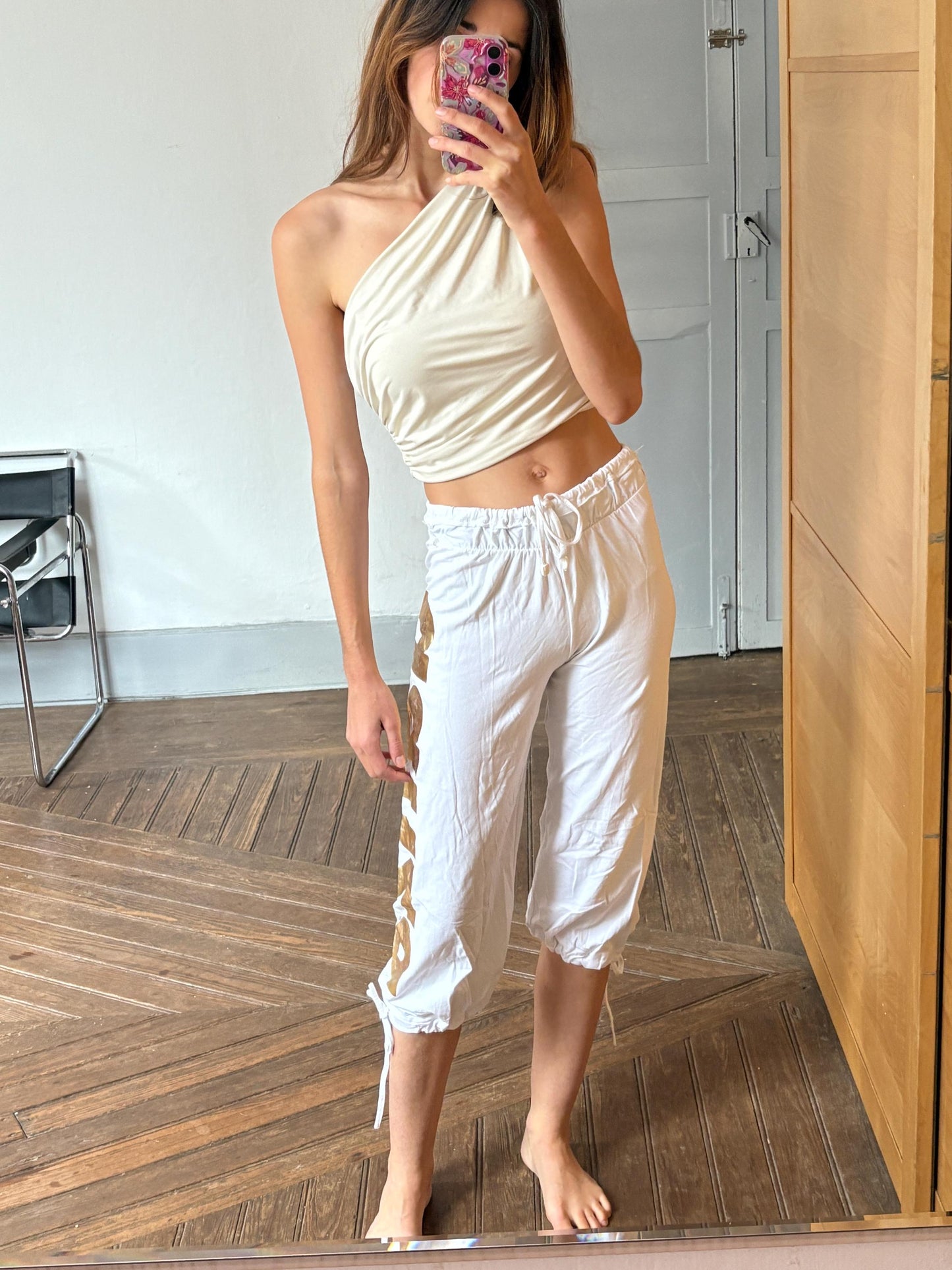 Vintage Atmosfera Danza White & Gold Dance Pants – Italian Chic Meets Sporty Glam, S