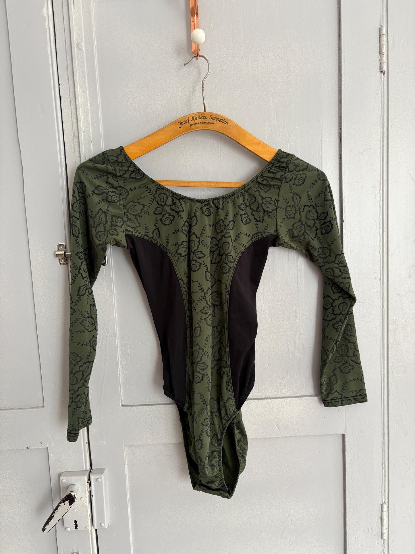Vintage dark academia floral bodysuit, moody green & black romantic dancewear, gothic balletcore long sleeve leotard, unique vintage