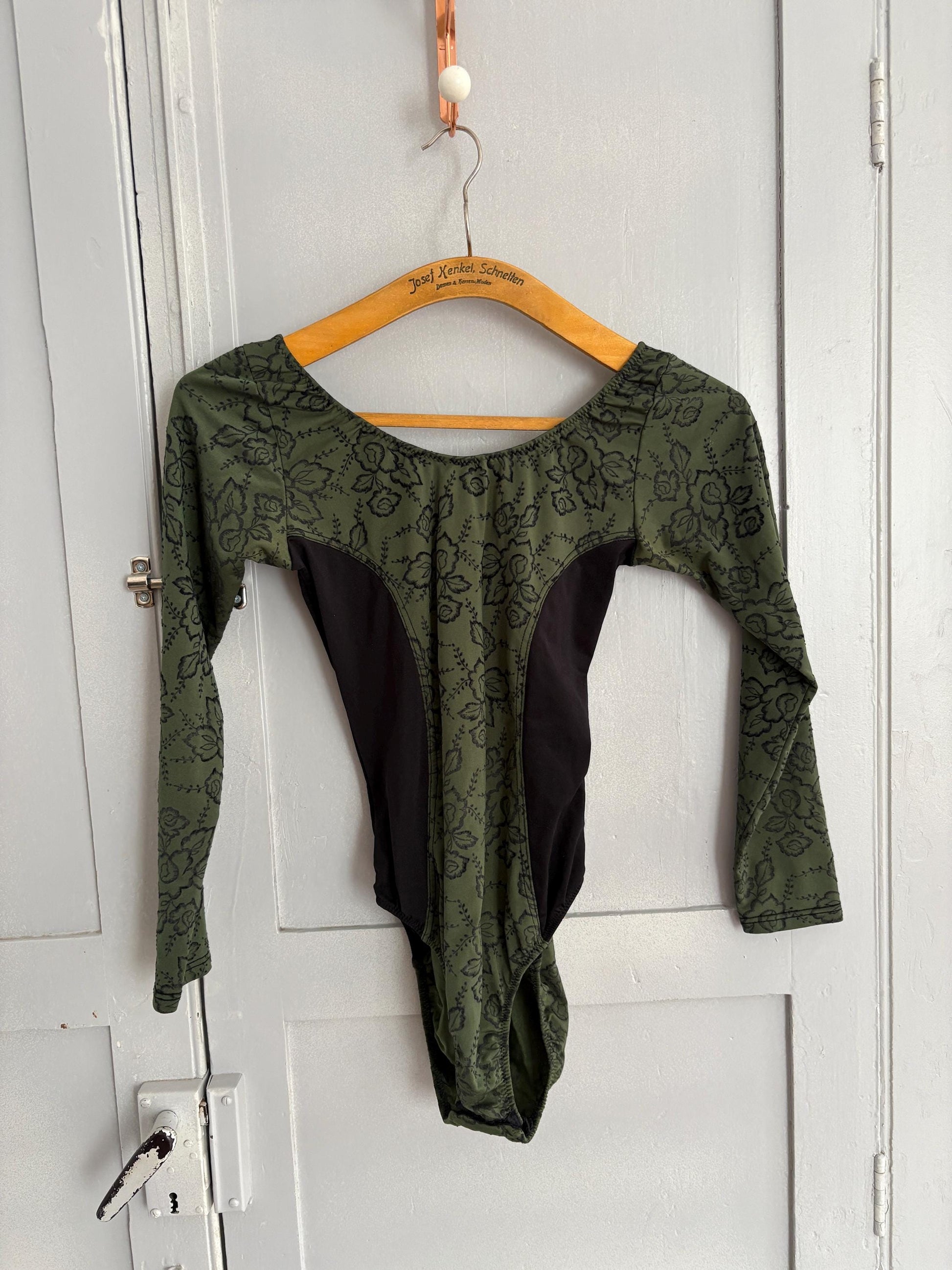 Vintage dark academia floral bodysuit, moody green & black romantic dancewear, gothic balletcore long sleeve leotard, unique vintage