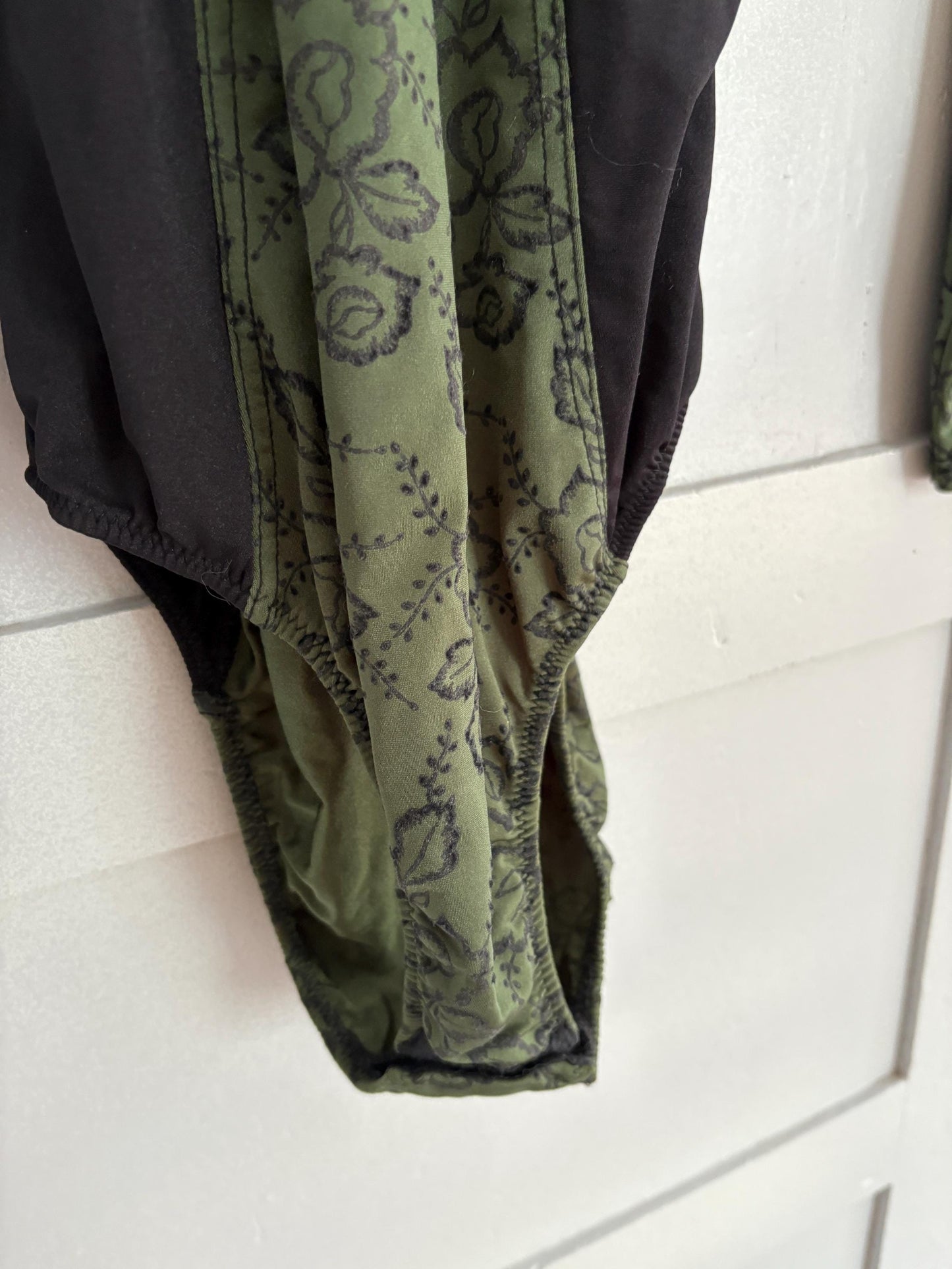 Vintage dark academia floral bodysuit, moody green & black romantic dancewear, gothic balletcore long sleeve leotard, unique vintage