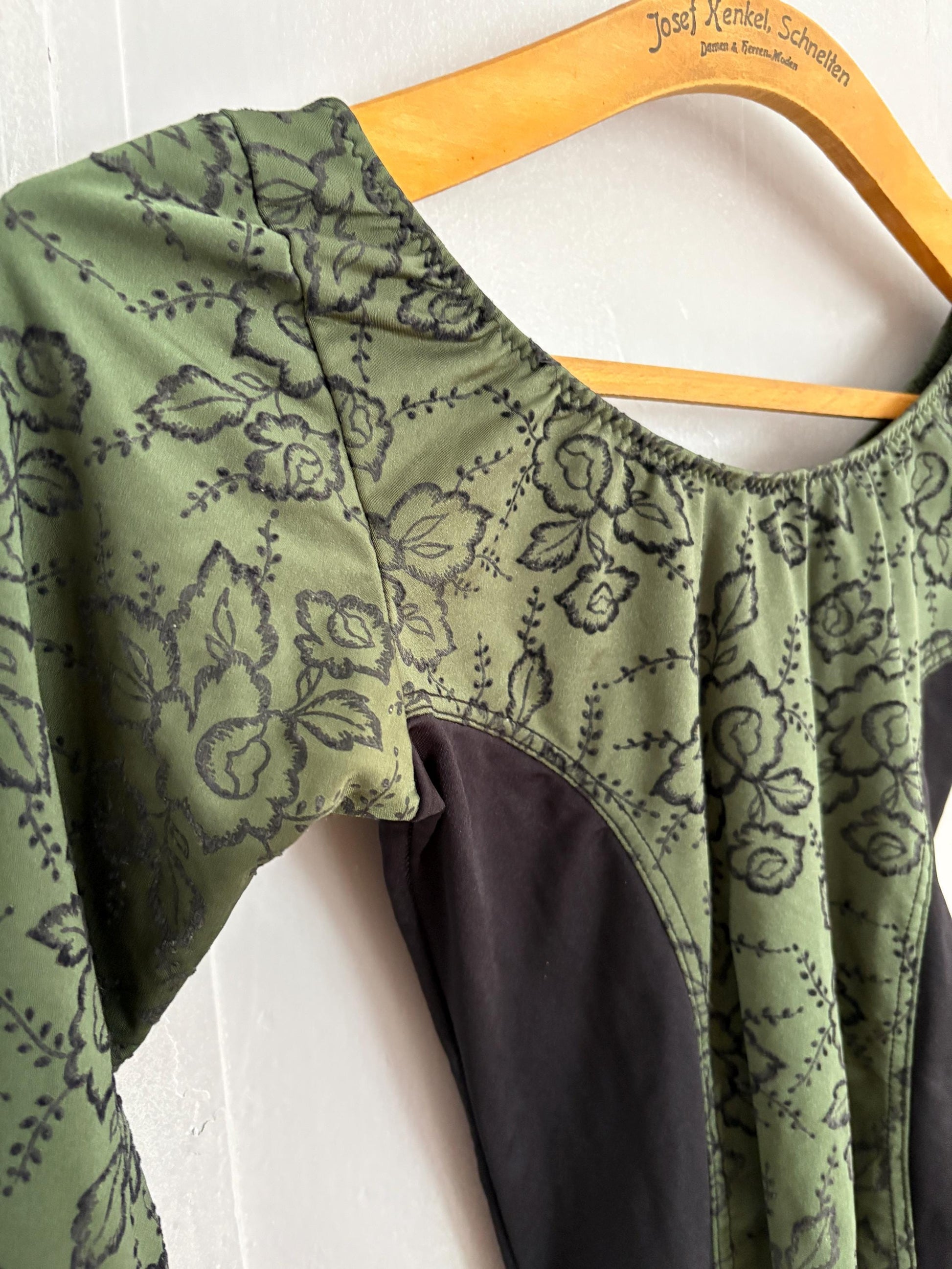 Vintage dark academia floral bodysuit, moody green & black romantic dancewear, gothic balletcore long sleeve leotard, unique vintage