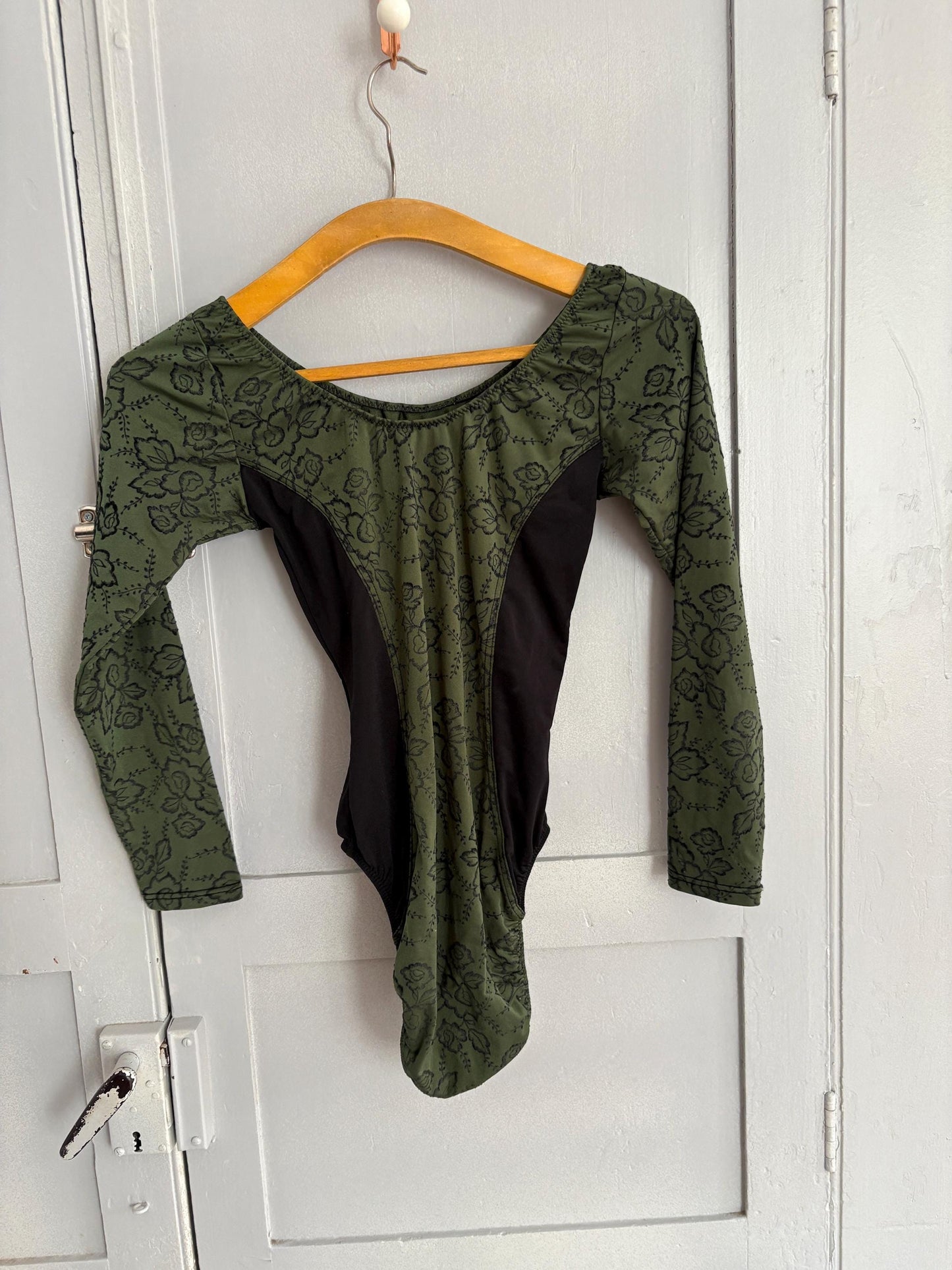 Vintage dark academia floral bodysuit, moody green & black romantic dancewear, gothic balletcore long sleeve leotard, unique vintage