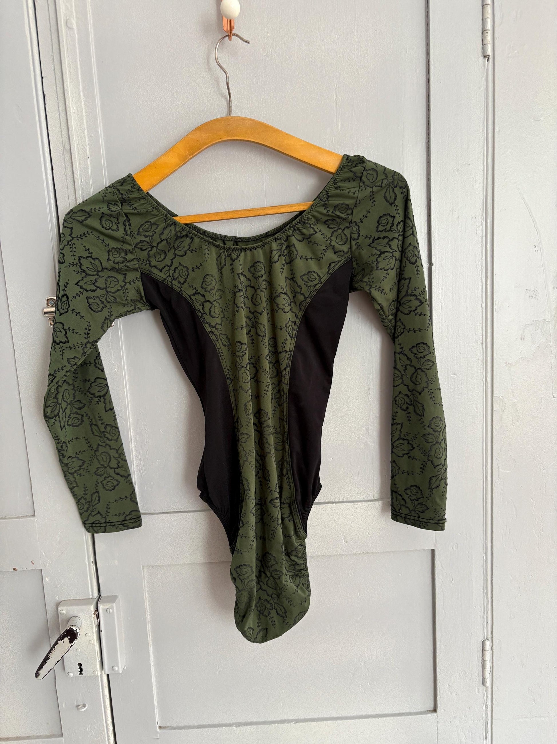 Vintage dark academia floral bodysuit, moody green & black romantic dancewear, gothic balletcore long sleeve leotard, unique vintage