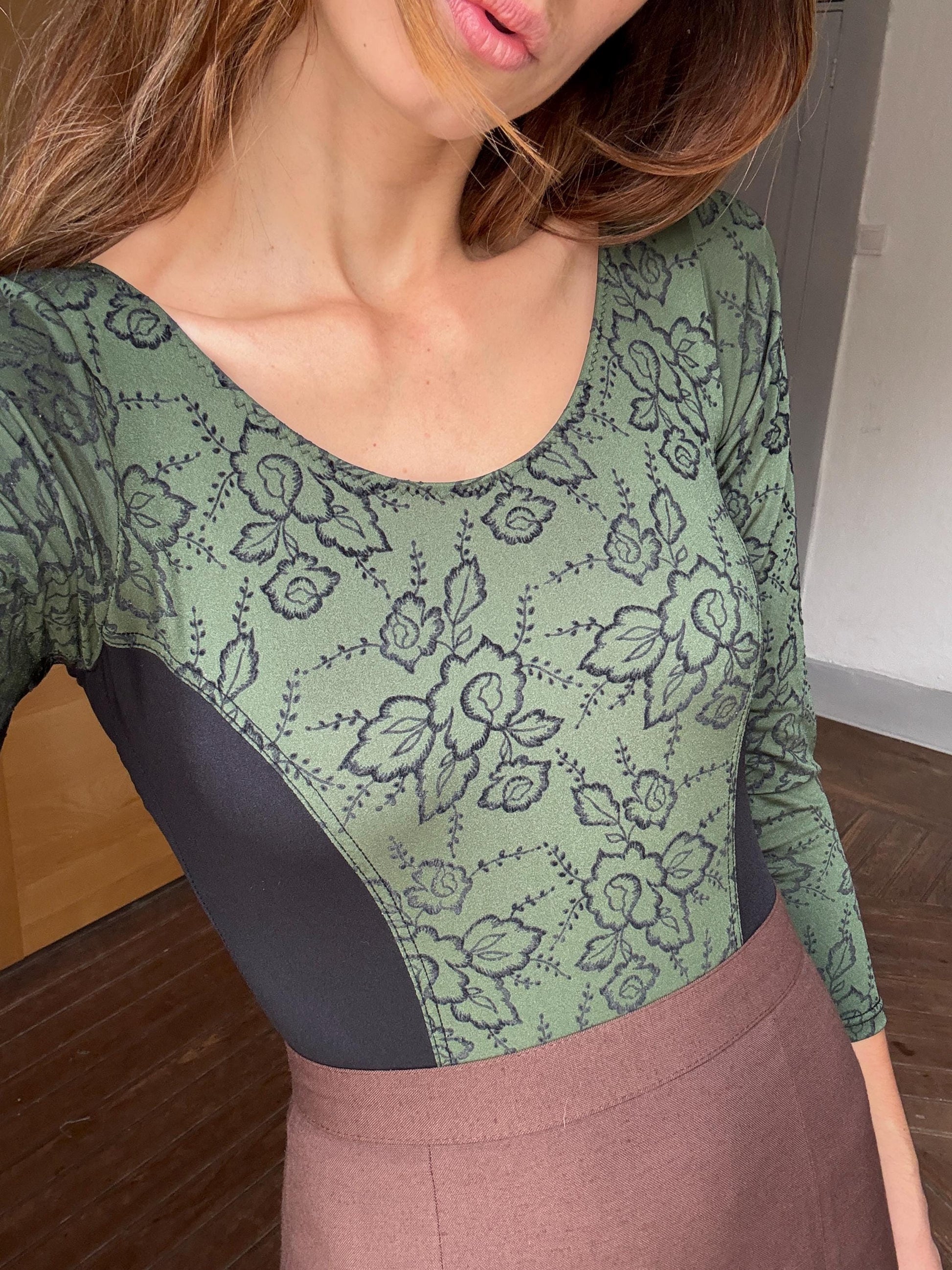 Vintage dark academia floral bodysuit, moody green & black romantic dancewear, gothic balletcore long sleeve leotard, unique vintage