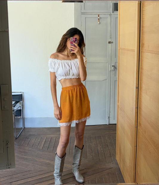 Vintage Orange Mini Skirt with Lace Trim – Y2K Boho Dream