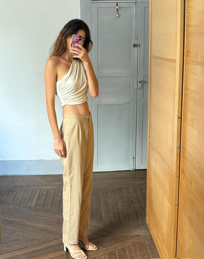 Beige Vintage High-Waisted Wool Trousers — fabric close-up